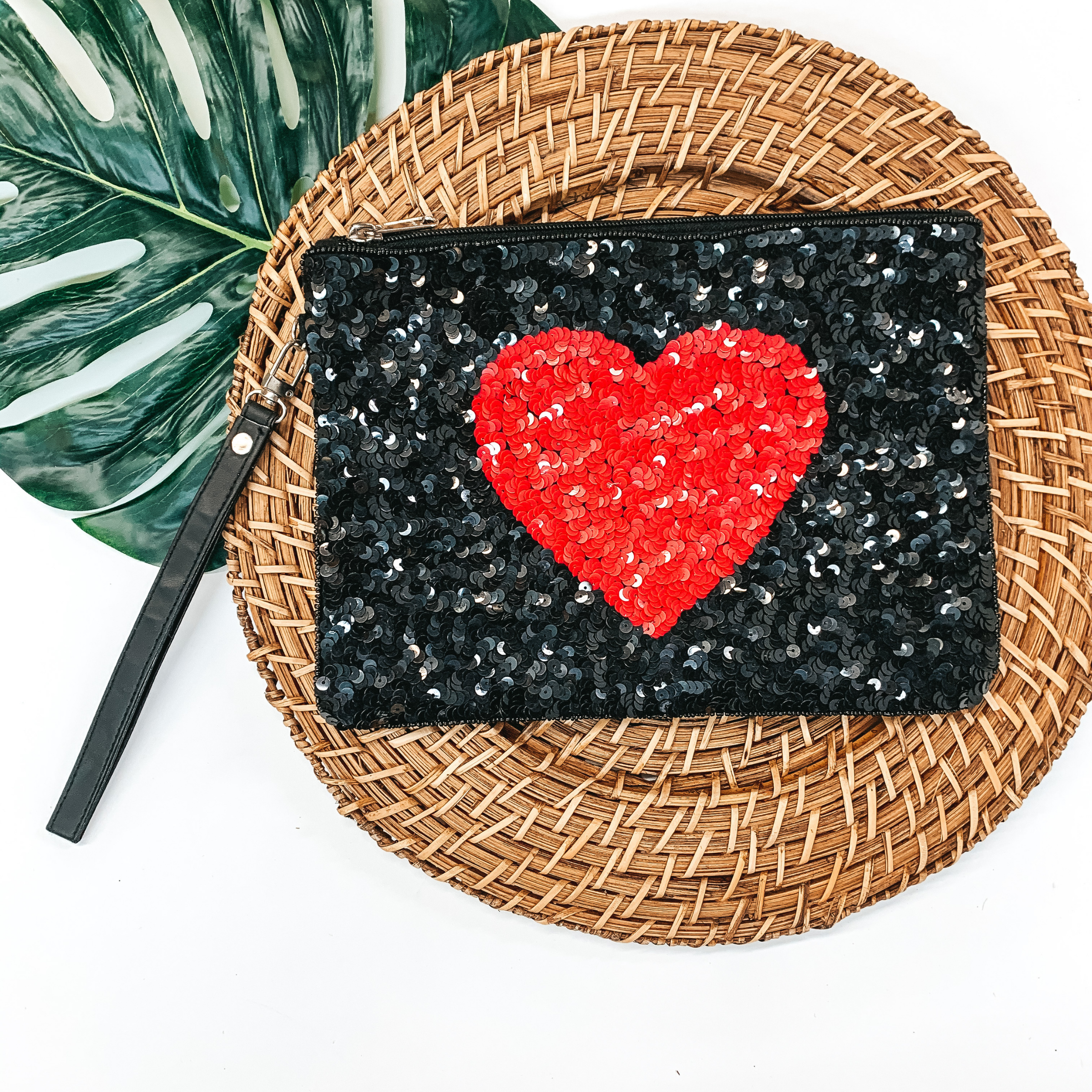 Sequin Red Heart Clutch in Black - Giddy Up Glamour Boutique