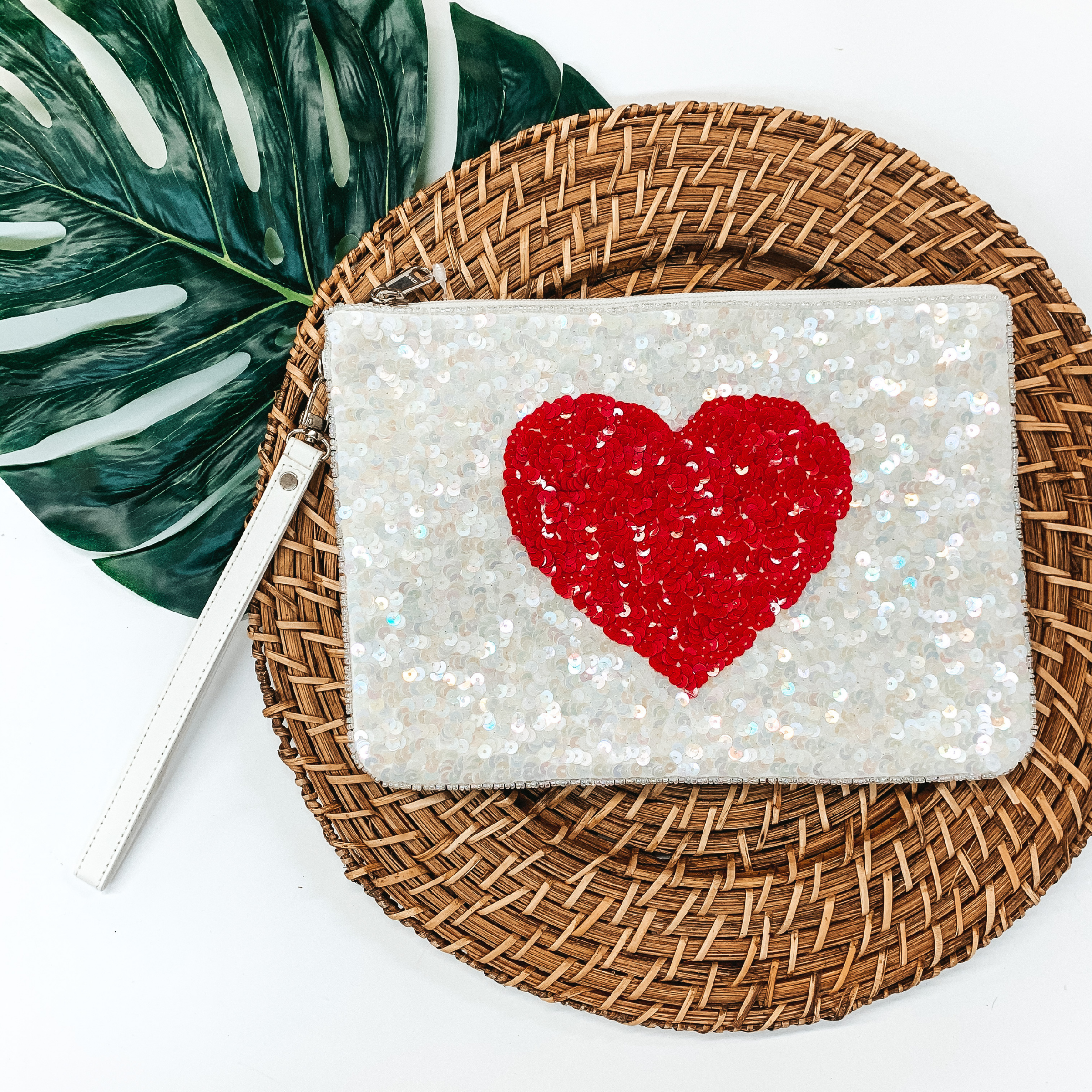 Sequin Red Heart Clutch in White - Giddy Up Glamour Boutique