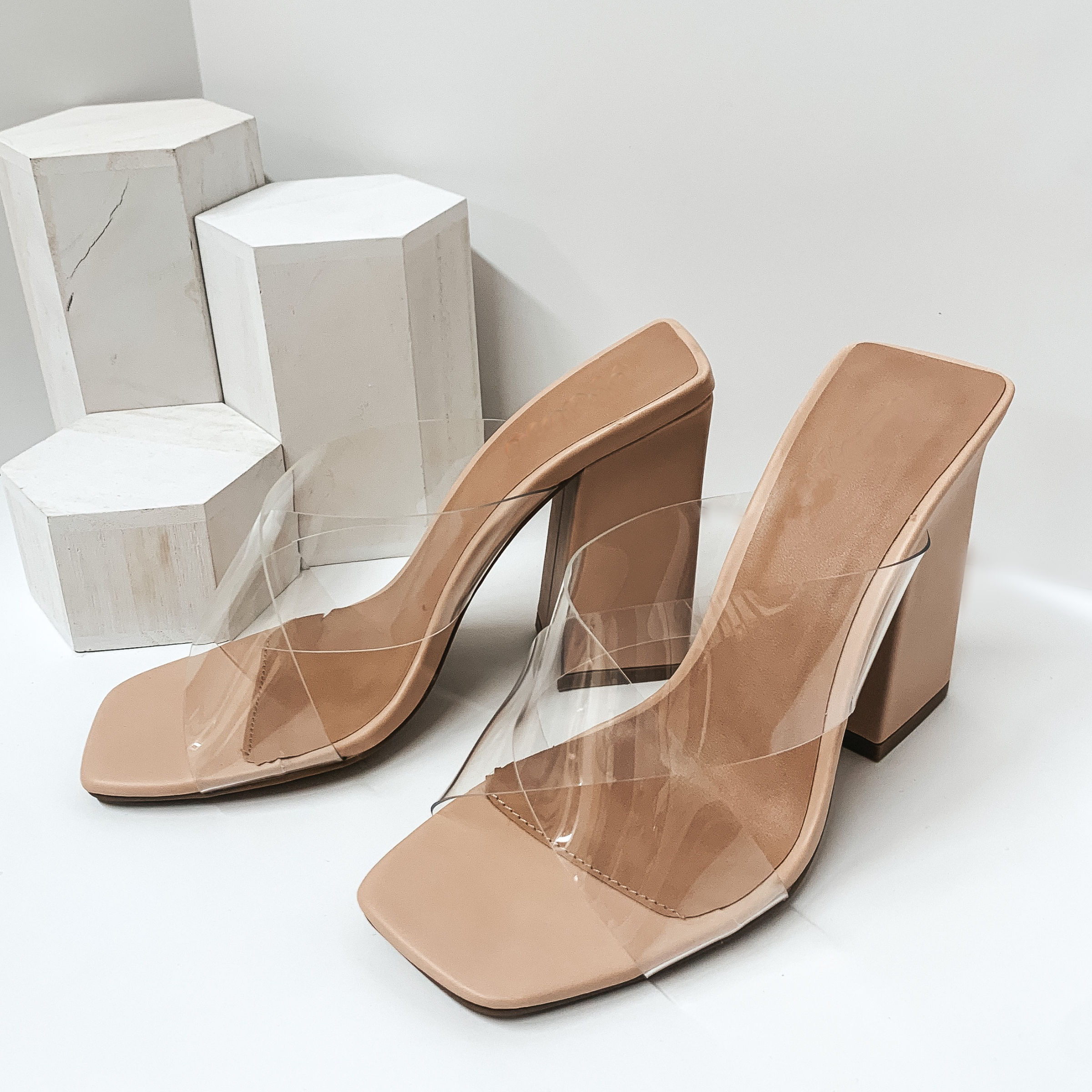 Online Exclusive | High Hopes Clear Criss Cross Block Heels in Nude - Giddy Up Glamour Boutique