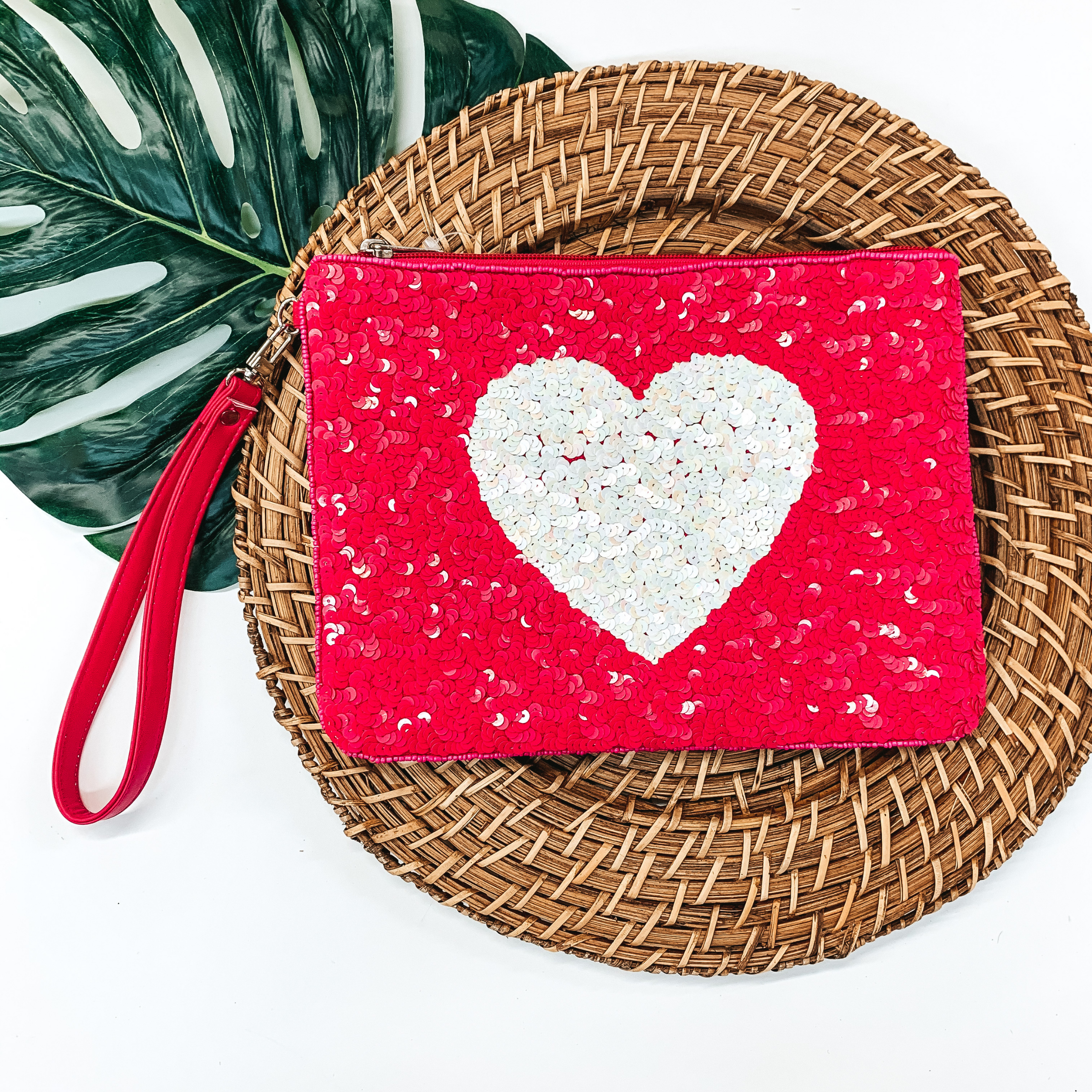Sequin White Heart Clutch in Fuchsia - Giddy Up Glamour Boutique