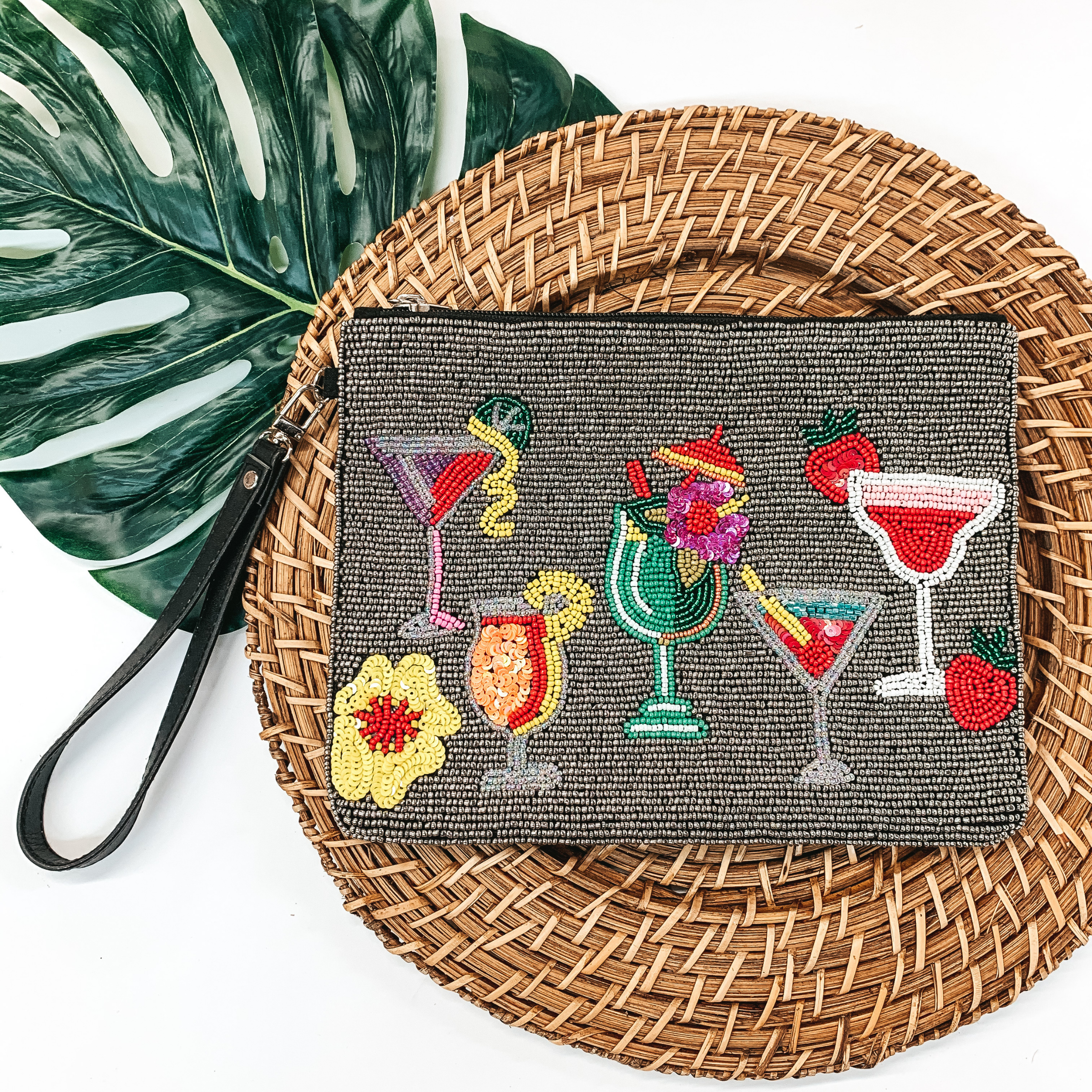 Multi Color Cocktail Glass Seed Beaded Clutch in Silver - Giddy Up Glamour Boutique