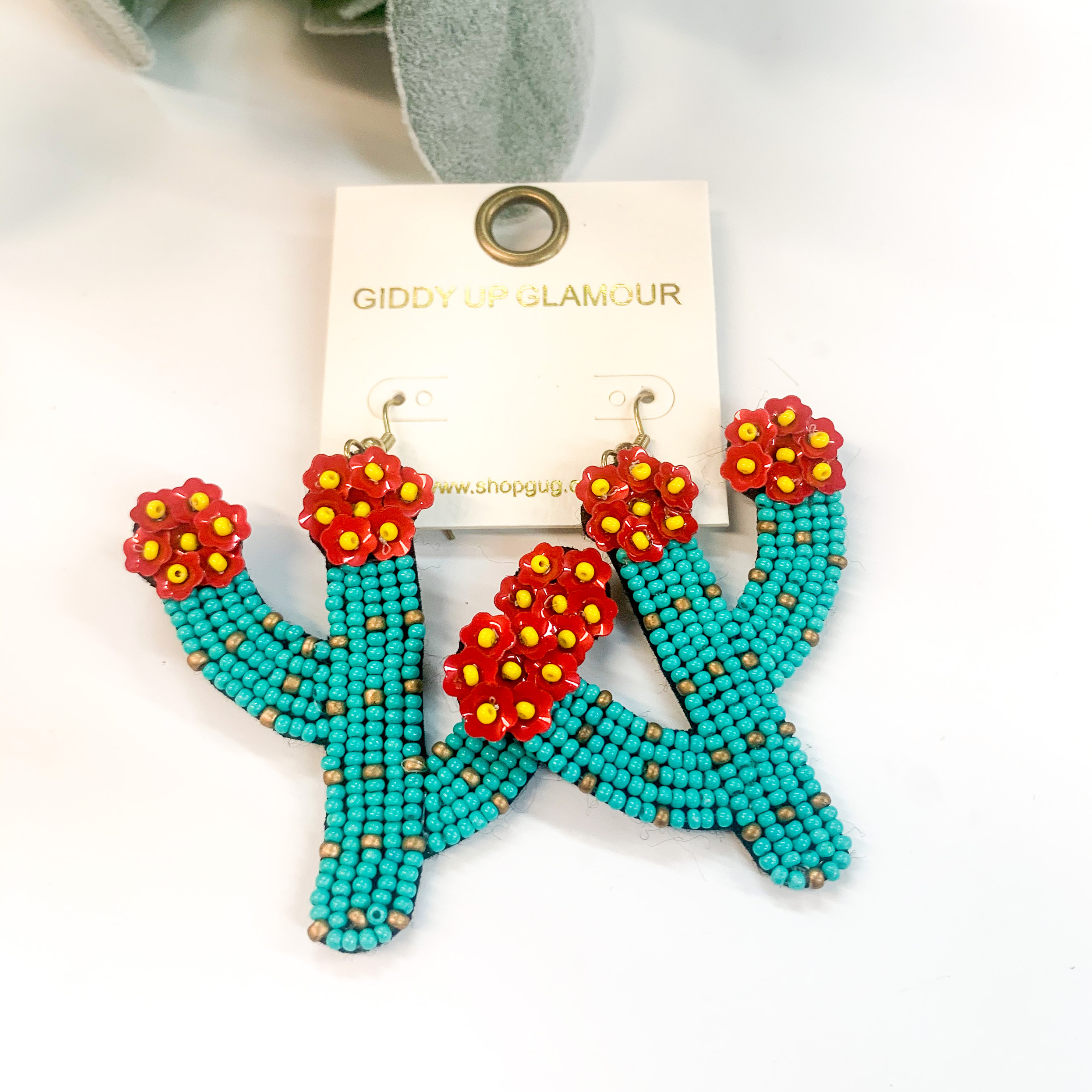 Seedbead Saguaro Cactus Earrings with Red Flowers in Turquoise - Giddy Up Glamour Boutique