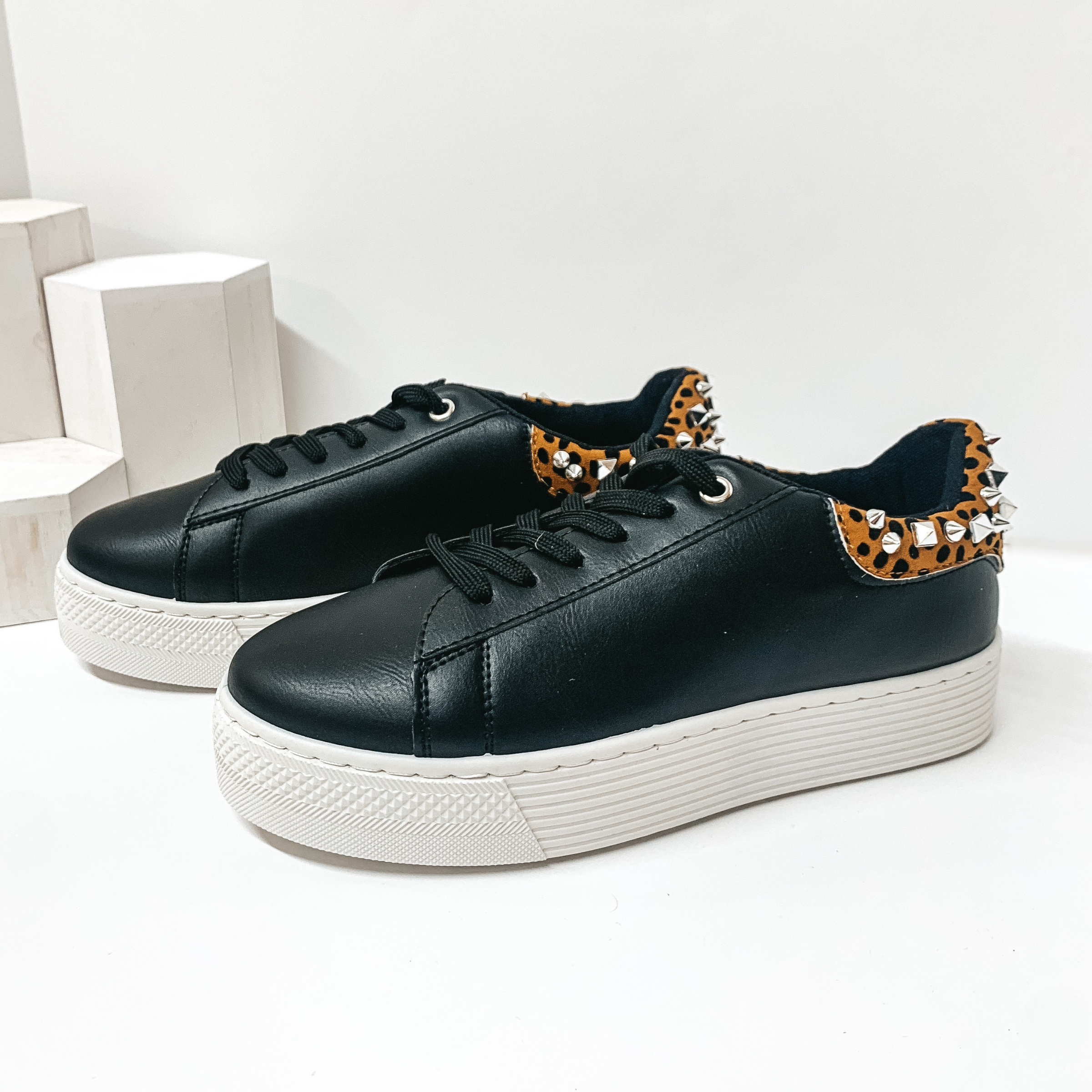 Studded Chic Lace Up Leopard Heel Platform Sneakers in Black - Giddy Up Glamour Boutique