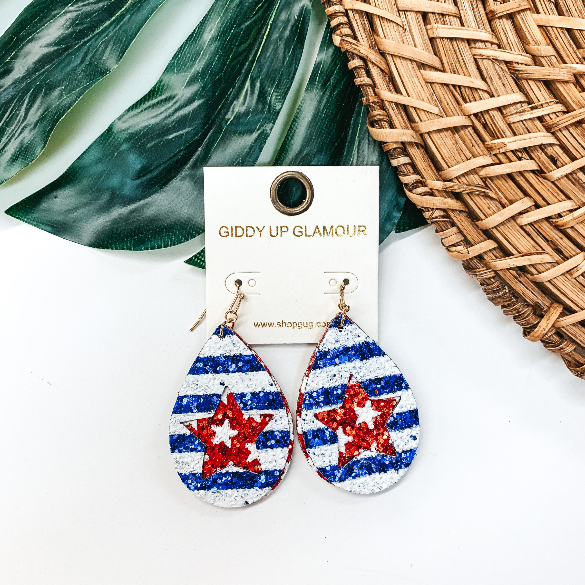 American Flag Teardrop Glitter Earrings with Star Cut Out - Giddy Up Glamour Boutique