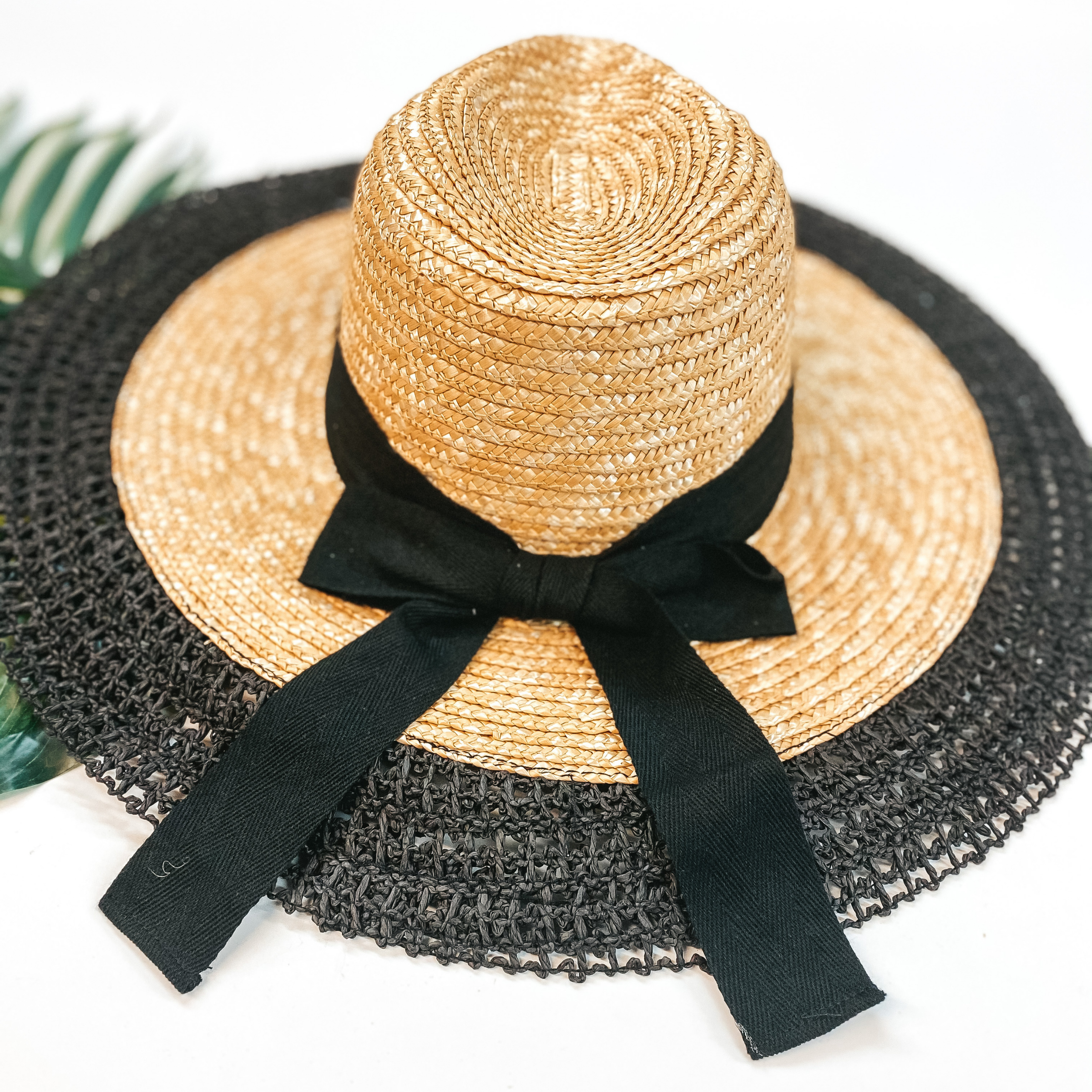 Sun Daze Wide Brim Hat with Black Band and Bow in Natural Tan and Black - Giddy Up Glamour Boutique