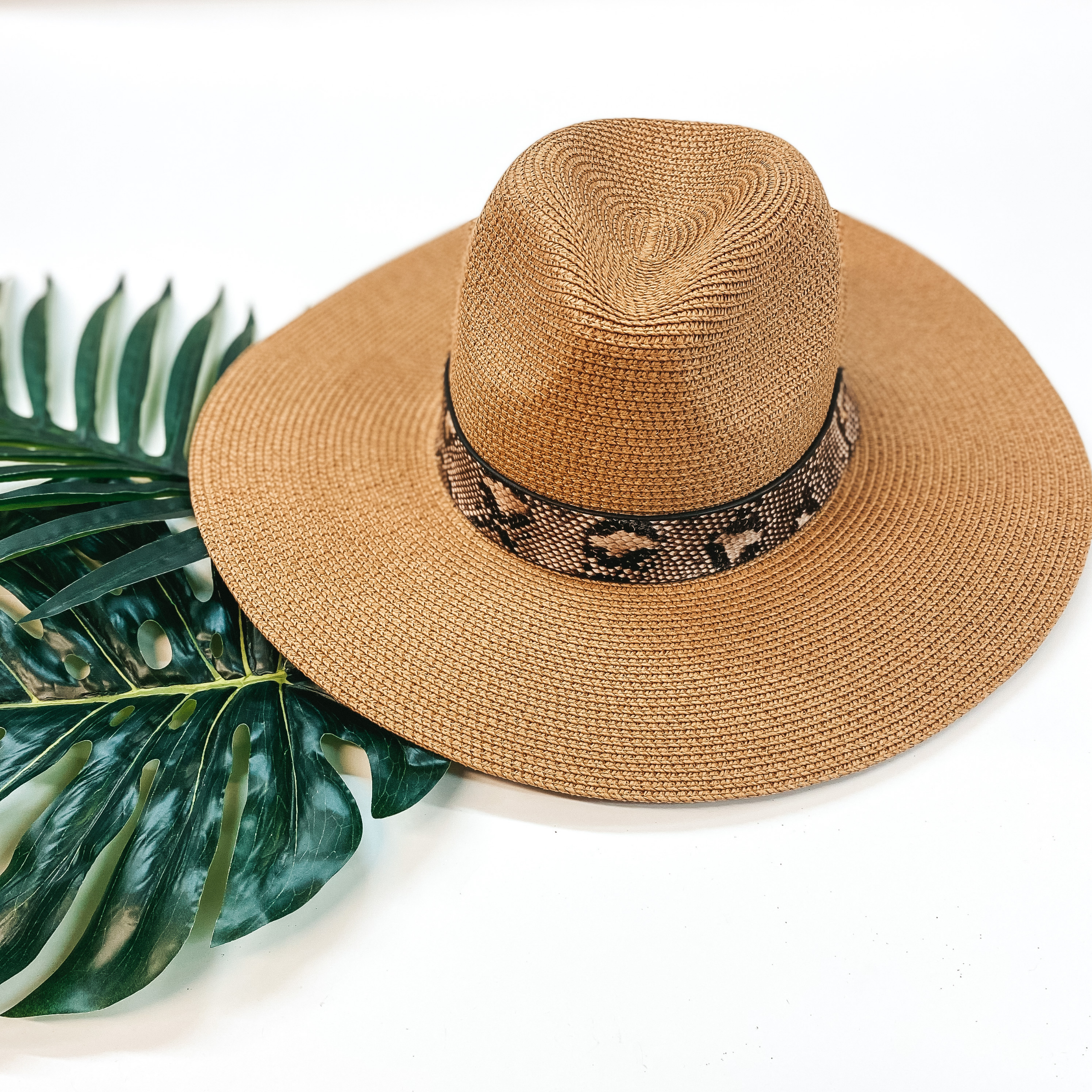 Big Bright Skies Straw Floppy Hat with Snakeskin Band in Tan - Giddy Up Glamour Boutique