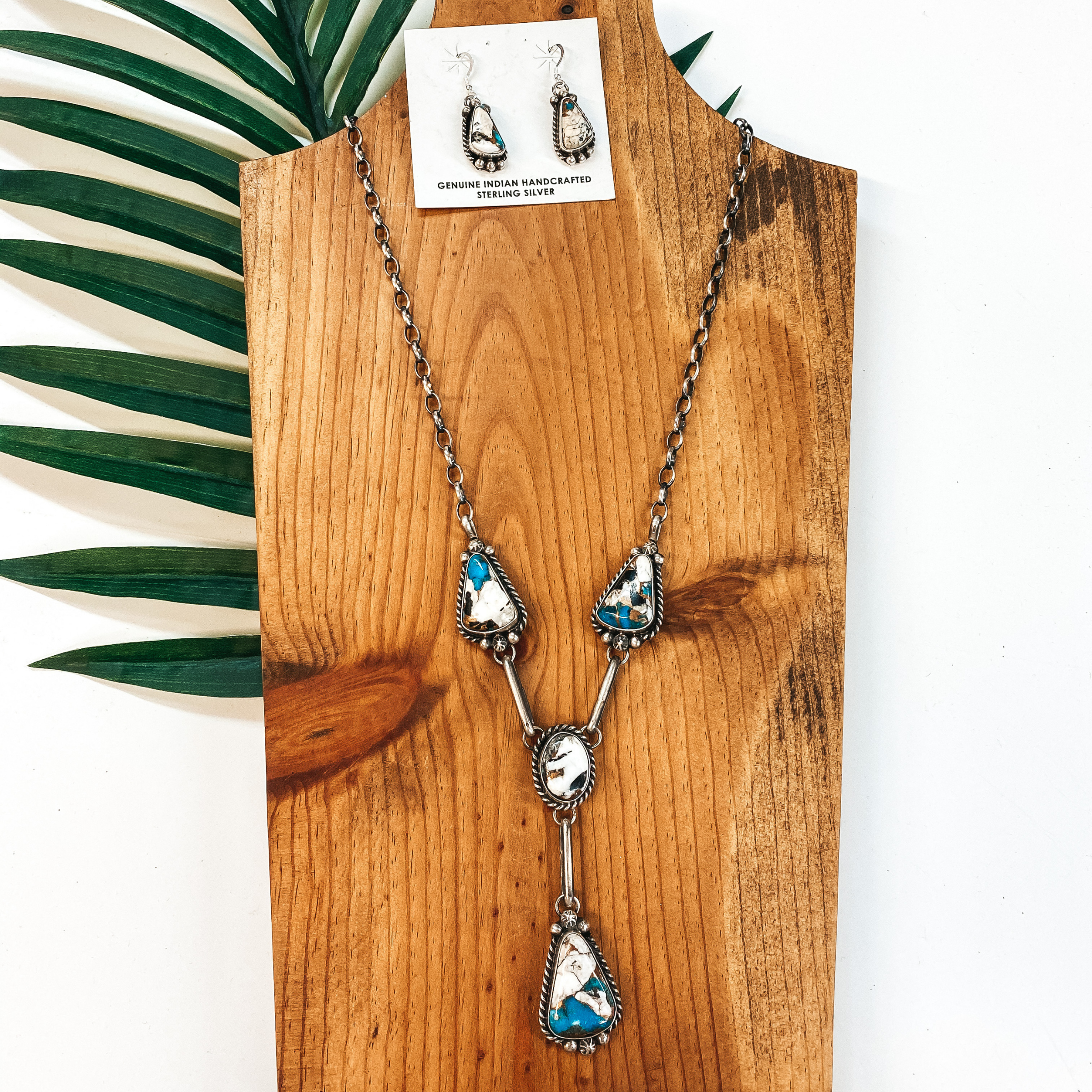 Augustine Largo | Navajo Handmade Sterling Silver & Remix White Buffalo and Turquoise Lariat Necklace + Matching Earrings - Giddy Up Glamour Boutique