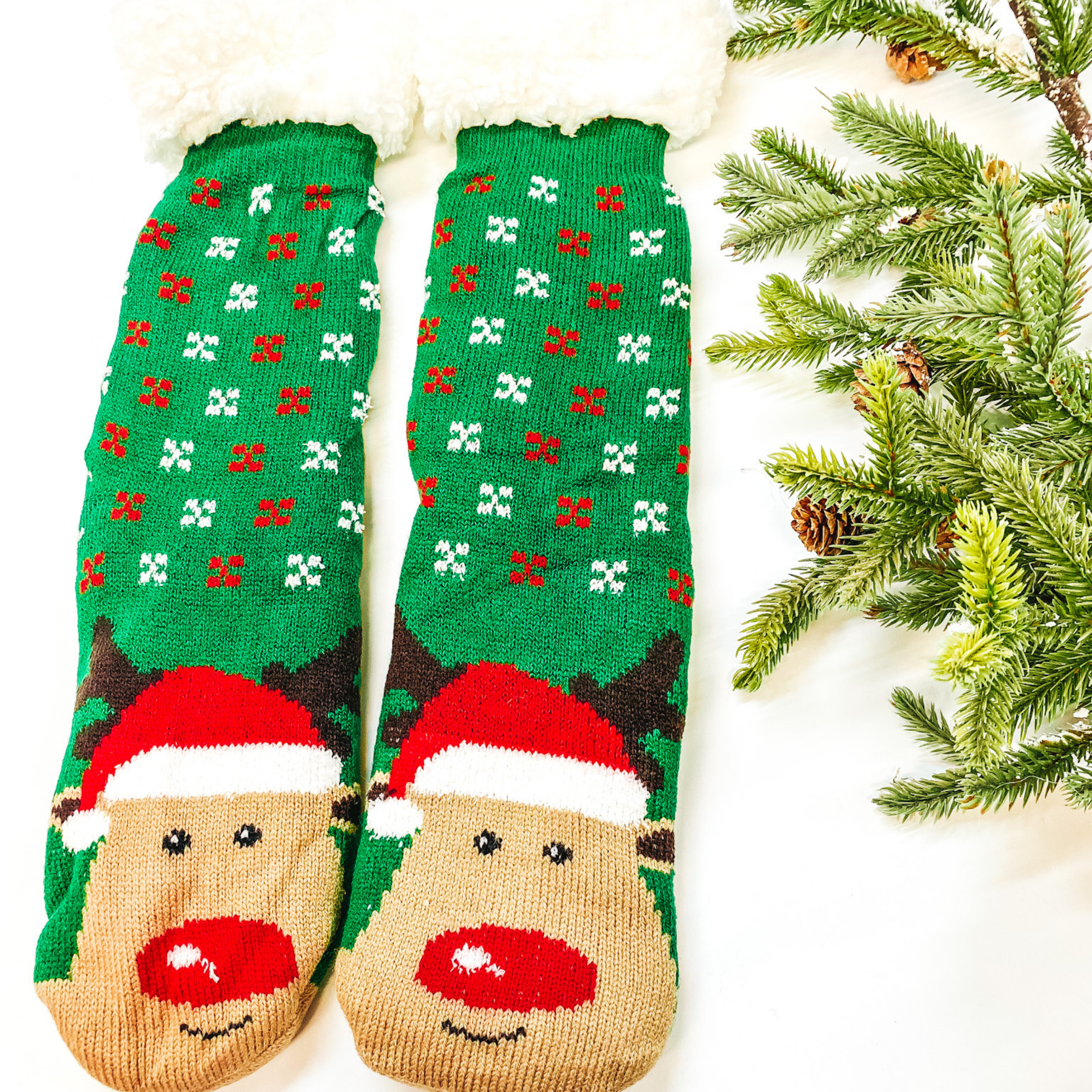 Reindeer with Santa Hat Sherpa Socks in Green - Giddy Up Glamour Boutique