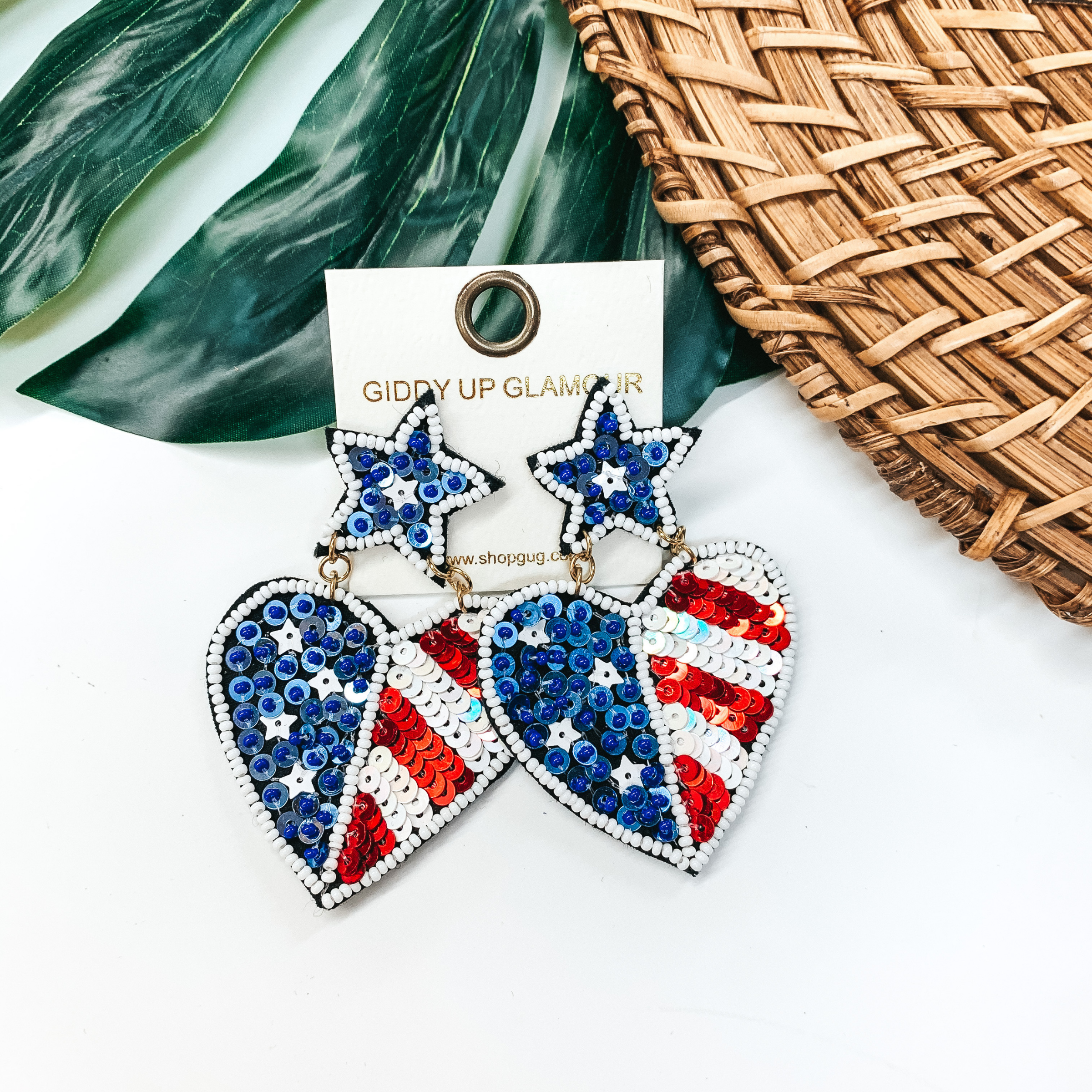 American Flag Seed Beaded Heart Earrings - Giddy Up Glamour Boutique