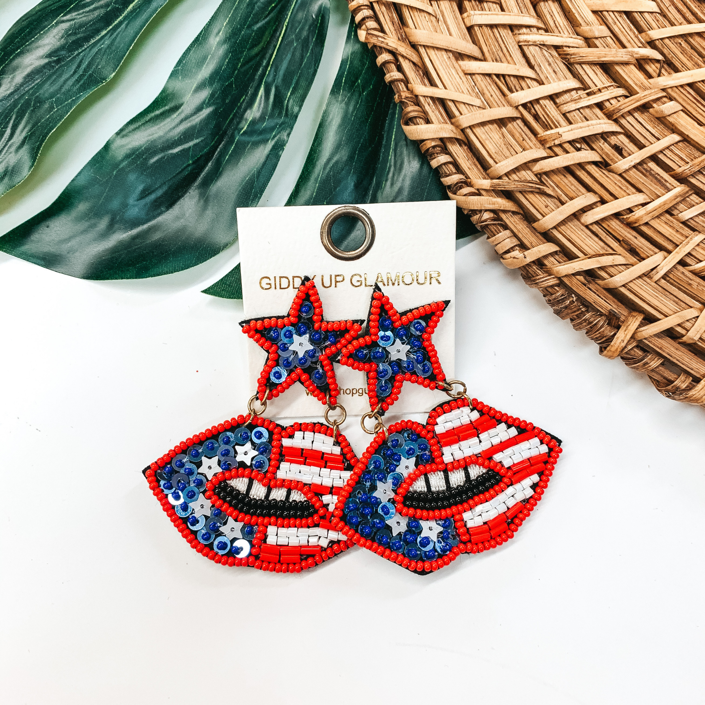 American Flag Seed Beaded Lip Post Earrings - Giddy Up Glamour Boutique