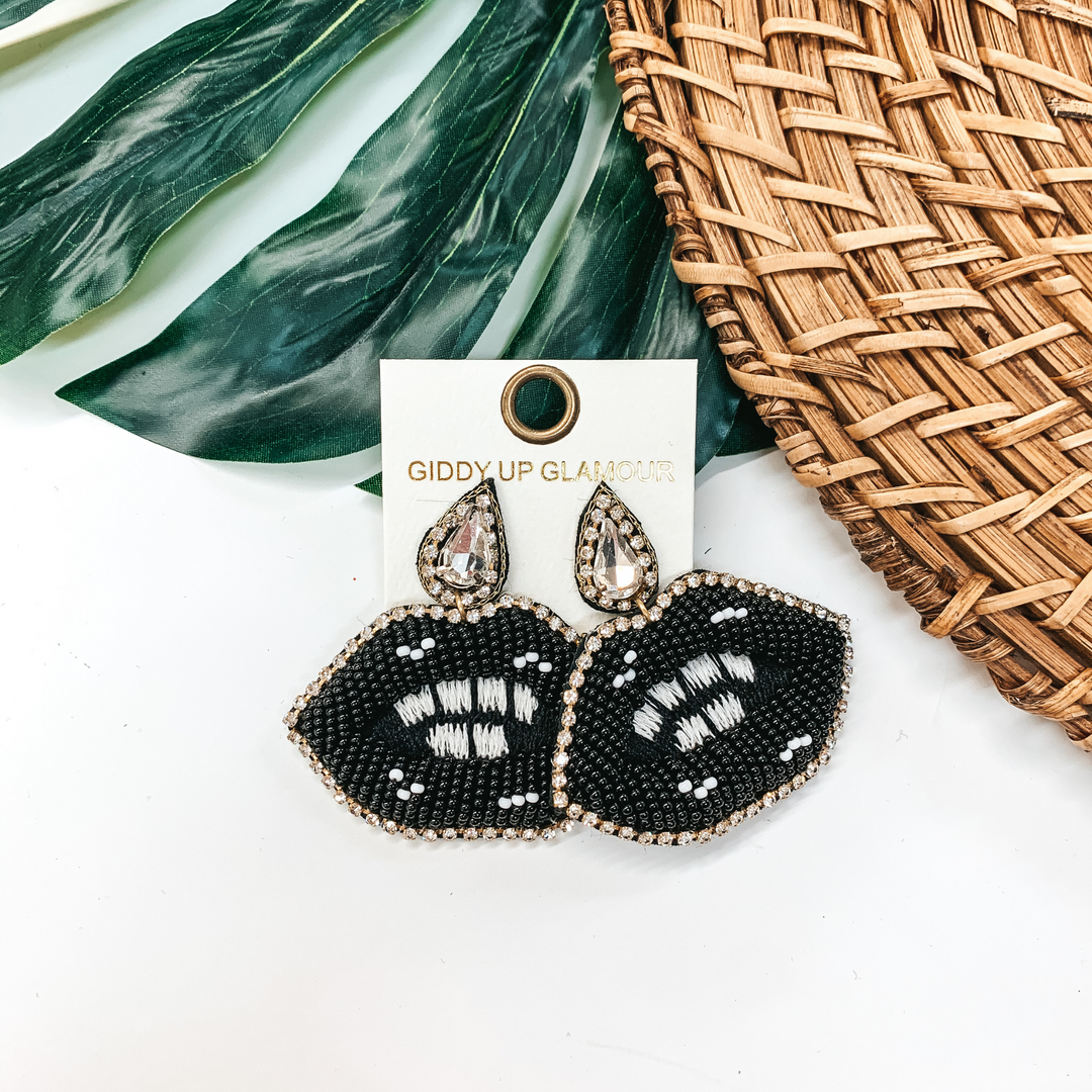Seed Beaded Lip Post Earrings In Black with Crystals - Giddy Up Glamour Boutique