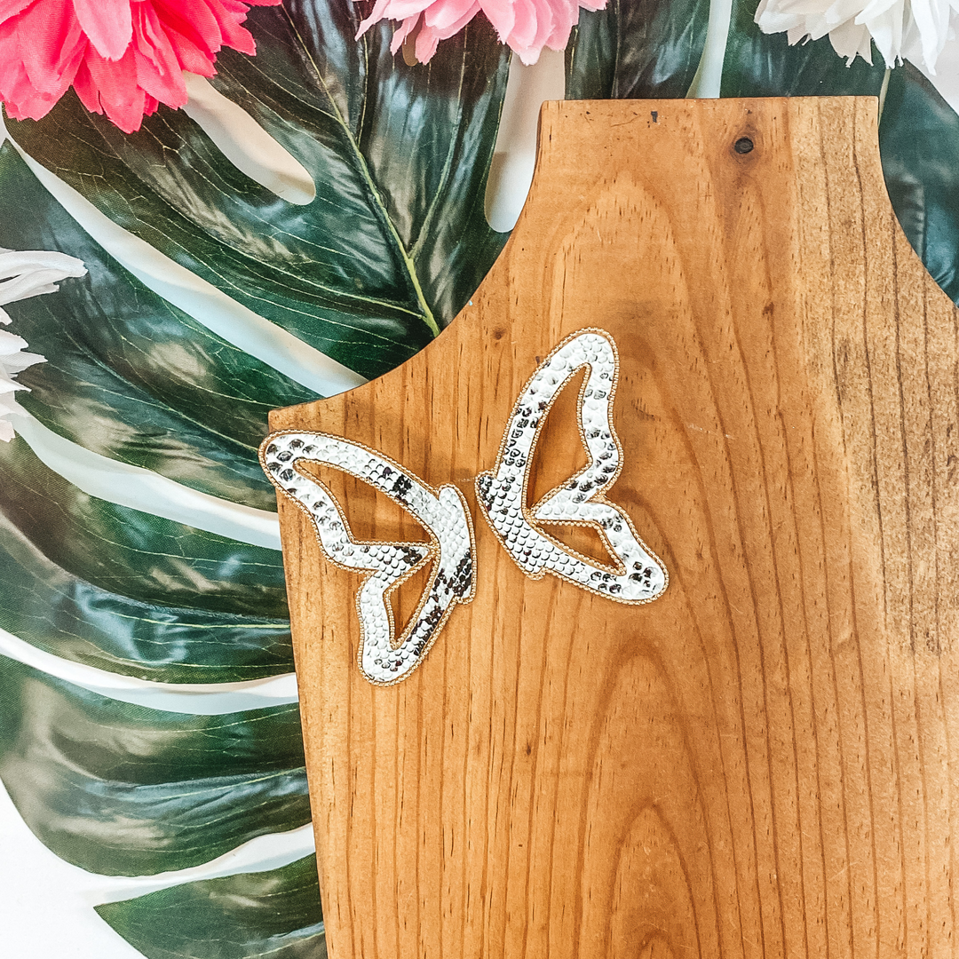 Butterfly Kisses Leather Butterfly Earrings with Gold Trim in Snakeskin - Giddy Up Glamour Boutique