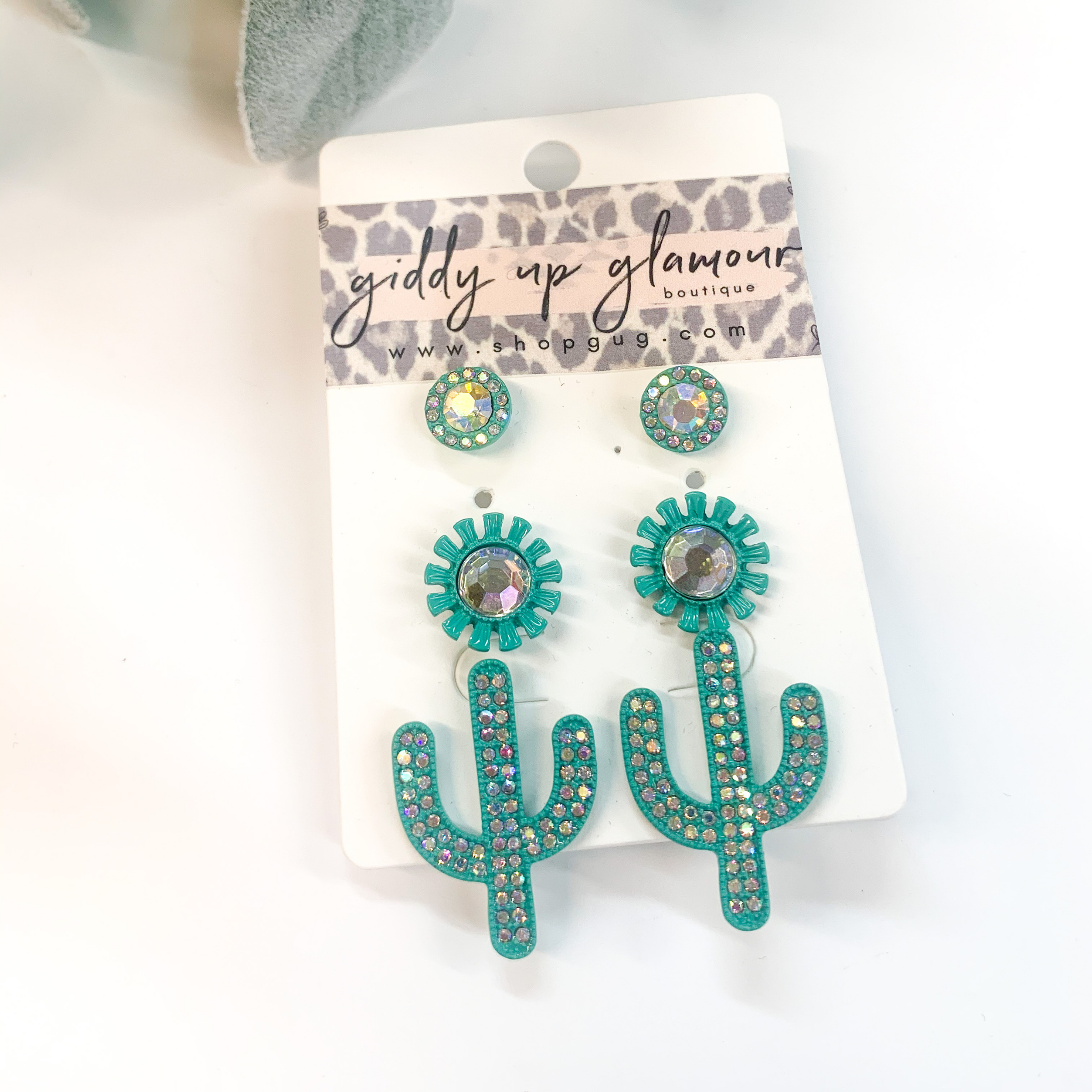 Set of Three | Cactus Stud Earring Set with AB Crystals in Turquoise - Giddy Up Glamour Boutique