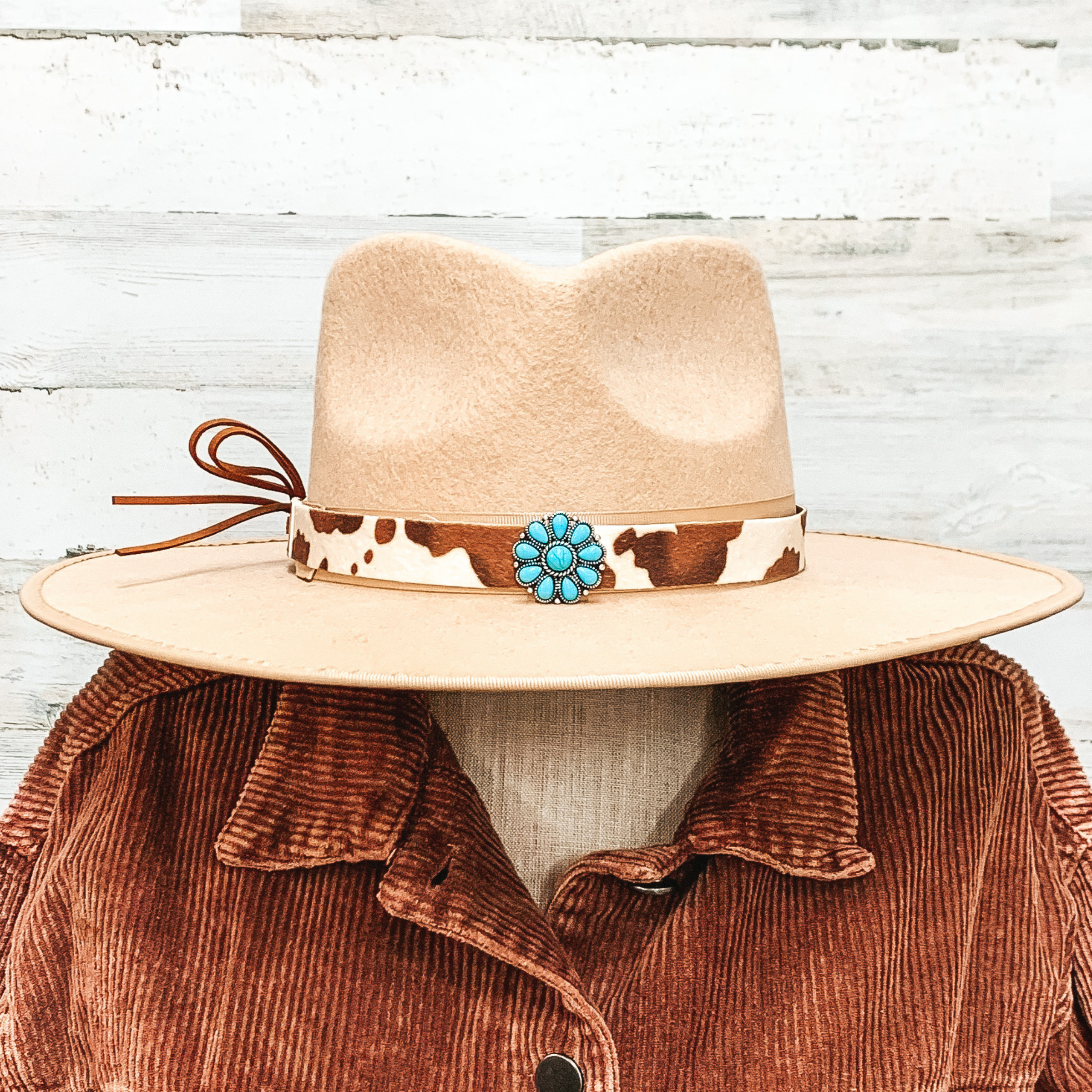 Back Road Chillin Cow Print Hat Band in Brown/Faux Turquoise - Giddy Up Glamour Boutique