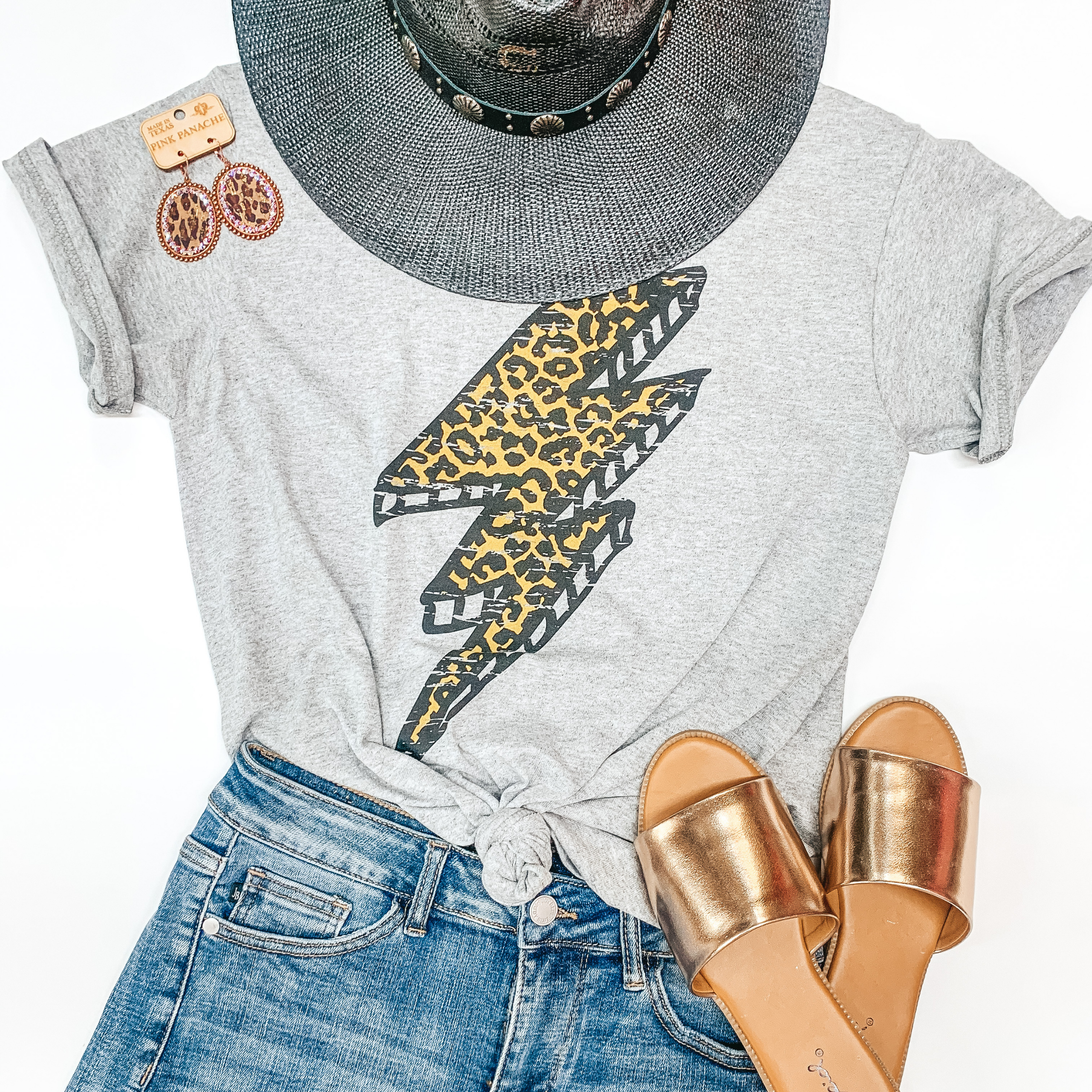 Wild Storm Leopard Lightning Bolt Short Sleeve Graphic Tee in Heather Grey - Giddy Up Glamour Boutique