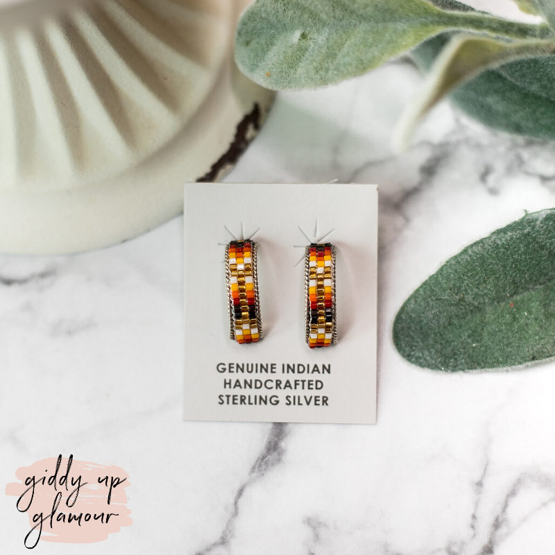 Navajo | Navajo Handmade Small Multi Colored Aztec Beaded Hoop Earrings in Bronze #2 - Giddy Up Glamour Boutique