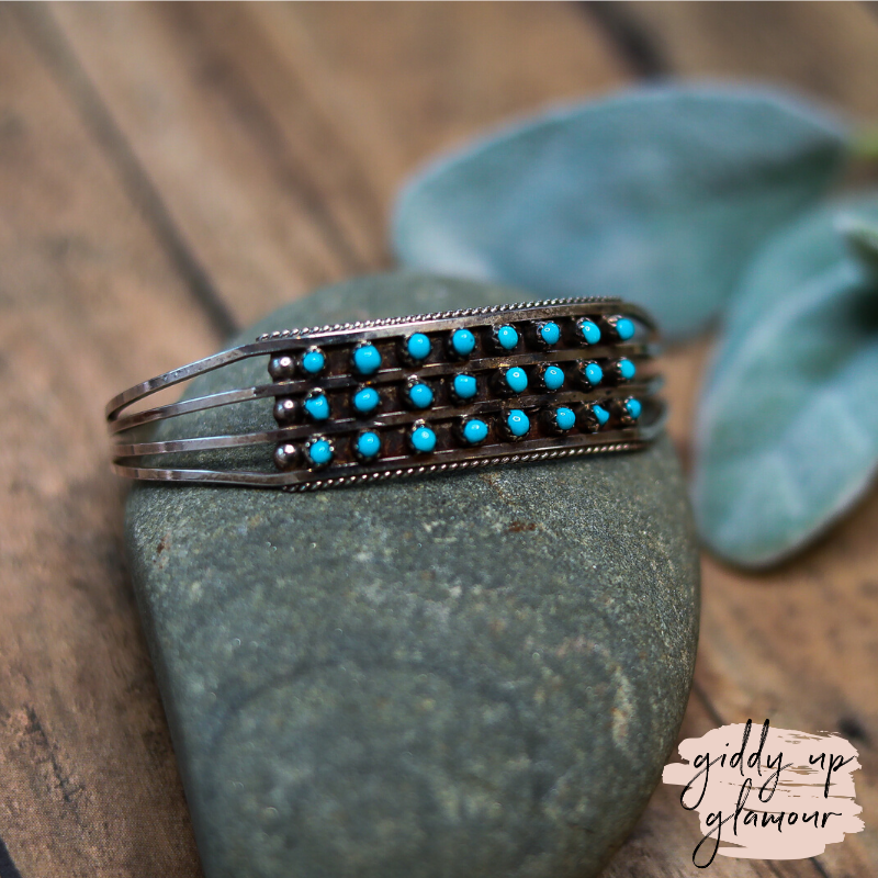 Navajo | Navajo Handmade Sterling Silver Cuff with Three Rows of Eight Small Turquoise Stones - Giddy Up Glamour Boutique
