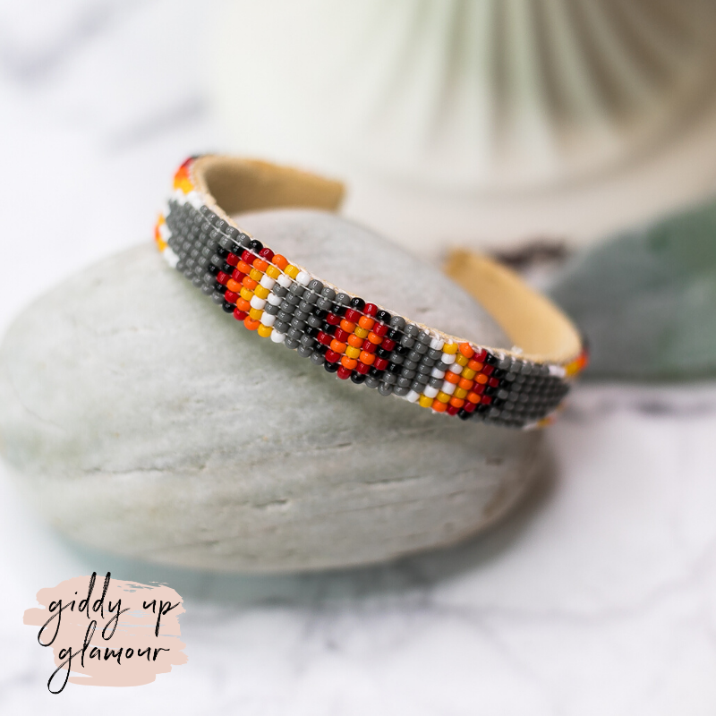 Navajo | Navajo Handmade Aztec Beaded Cuff Bracelet in Grey #2 - Giddy Up Glamour Boutique