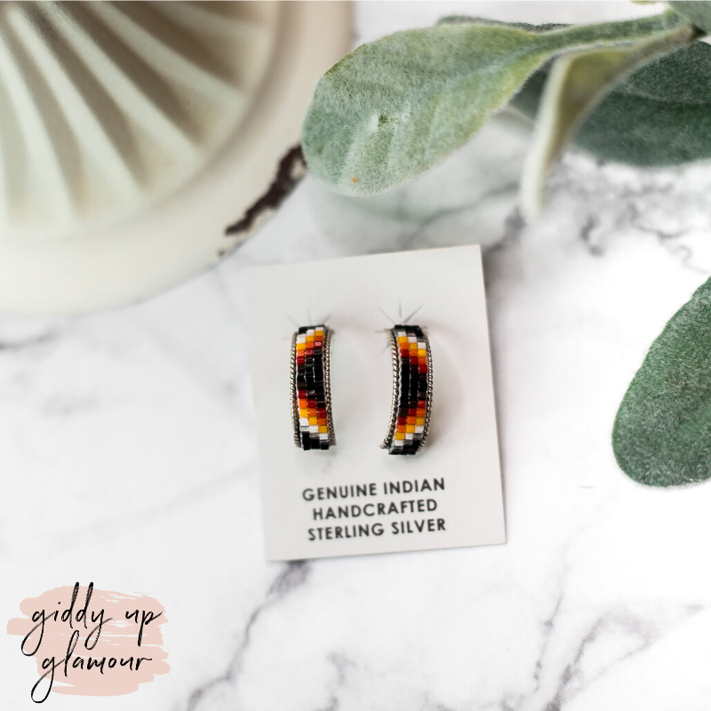 Navajo | Navajo Handmade Small Multi Colored Aztec Beaded Hoop Earrings in Black - Giddy Up Glamour Boutique