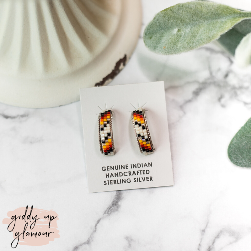 Navajo | Navajo Handmade Small Multi Colored Aztec Beaded Hoop Earrings in Ivory #2 - Giddy Up Glamour Boutique
