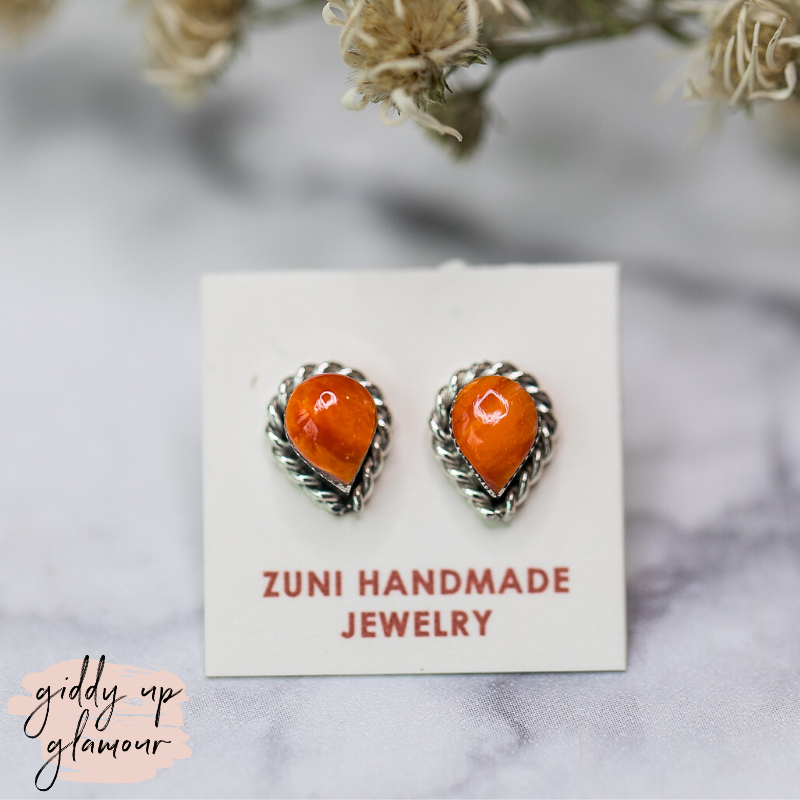 Zuni | Zuni Handmade Teardrop Stud Earrings in Orange Spiny Oyster