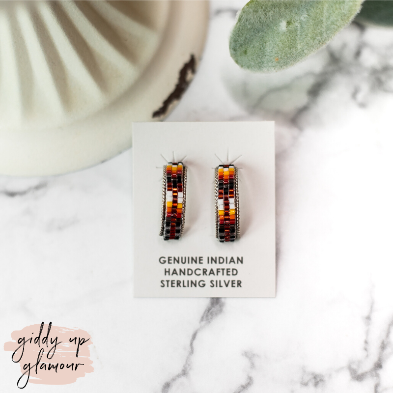 Navajo | Navajo Handmade Small Multi Colored Aztec Beaded Hoop Earrings in Maroon #5 - Giddy Up Glamour Boutique