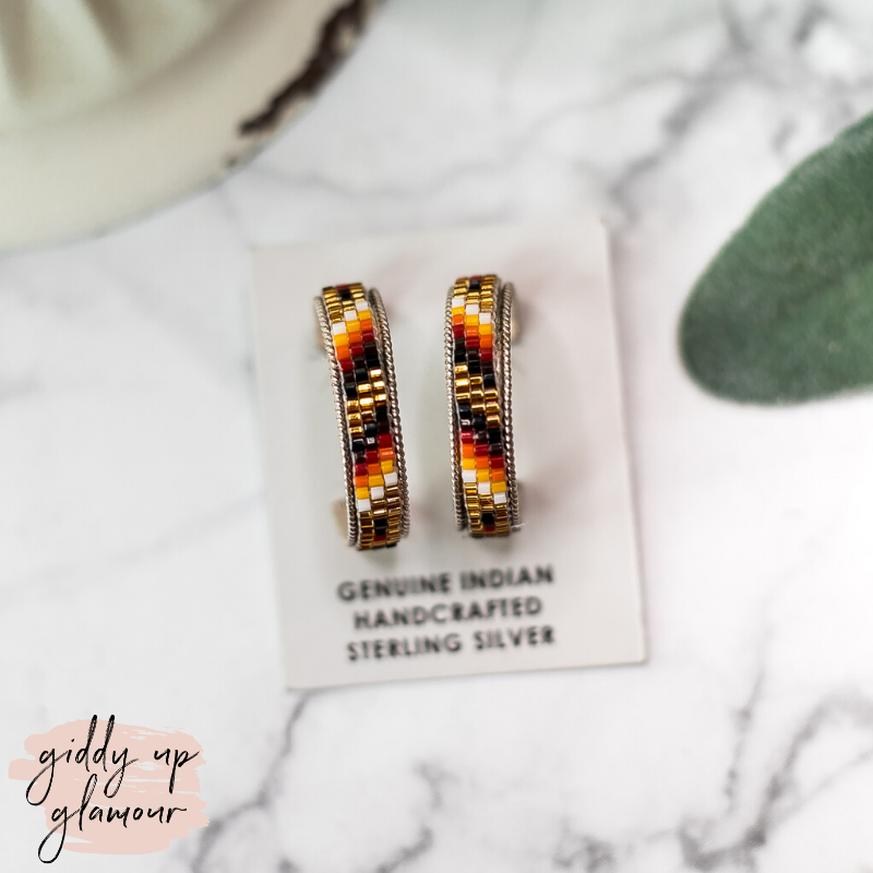Navajo | Navajo Handmade Multi Colored Aztec Beaded Hoop Earrings in Bronze #1 - Giddy Up Glamour Boutique
