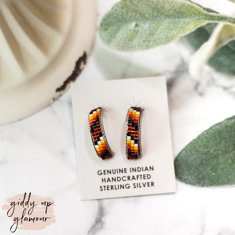 Navajo | Navajo Handmade Small Multi Colored Aztec Beaded Hoop Earrings in Maroon #4 - Giddy Up Glamour Boutique