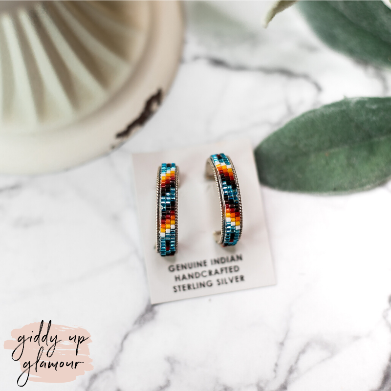 Navajo | Navajo Handmade Multi Colored Aztec Beaded Hoop Earrings in Metallic Blue #1 - Giddy Up Glamour Boutique