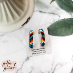 Navajo | Navajo Handmade Multi Colored Aztec Beaded Hoop Earrings in Metallic Blue #1