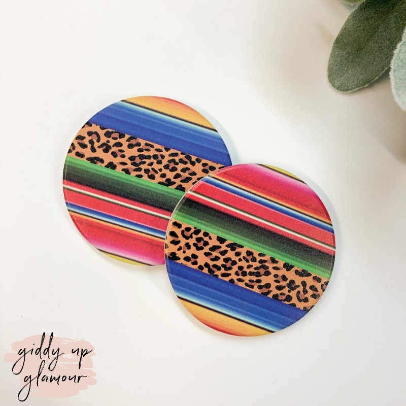 Set of Two | Leopard Print & Serape Car Coasters - Giddy Up Glamour Boutique