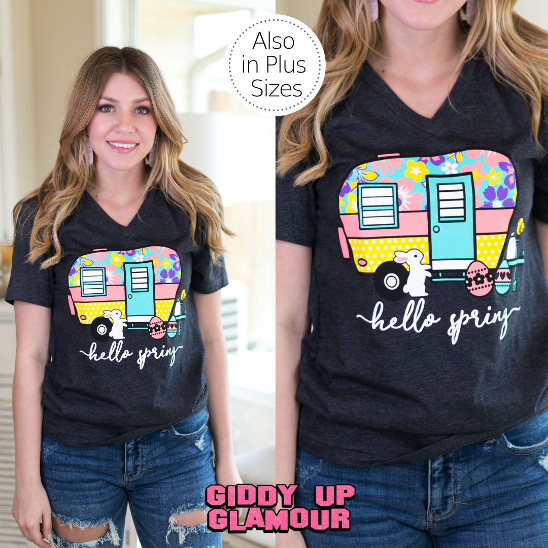 Hello Spring Camper Short Sleeve Tee Shirt in Charcoal Grey - Giddy Up Glamour Boutique