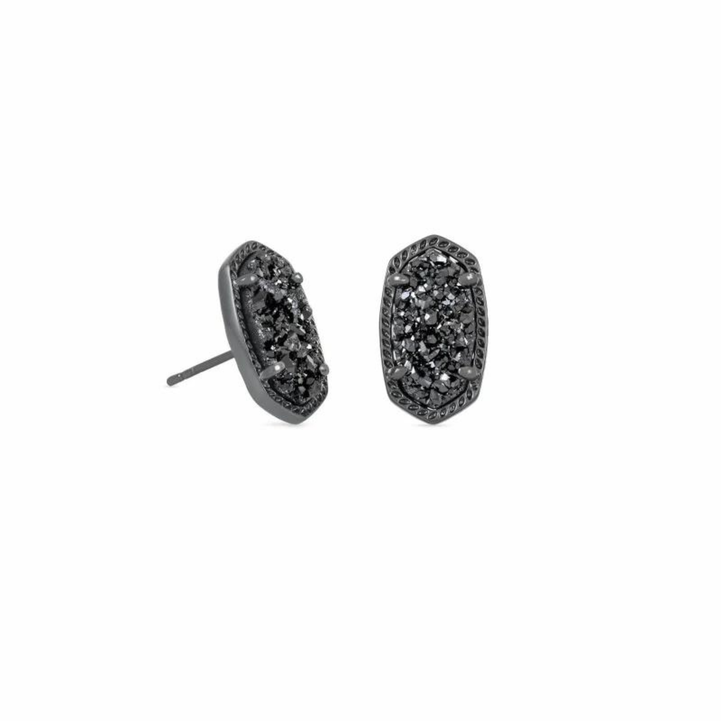 Gunmetall black studs with a black dusy stone, pictured on a white background.