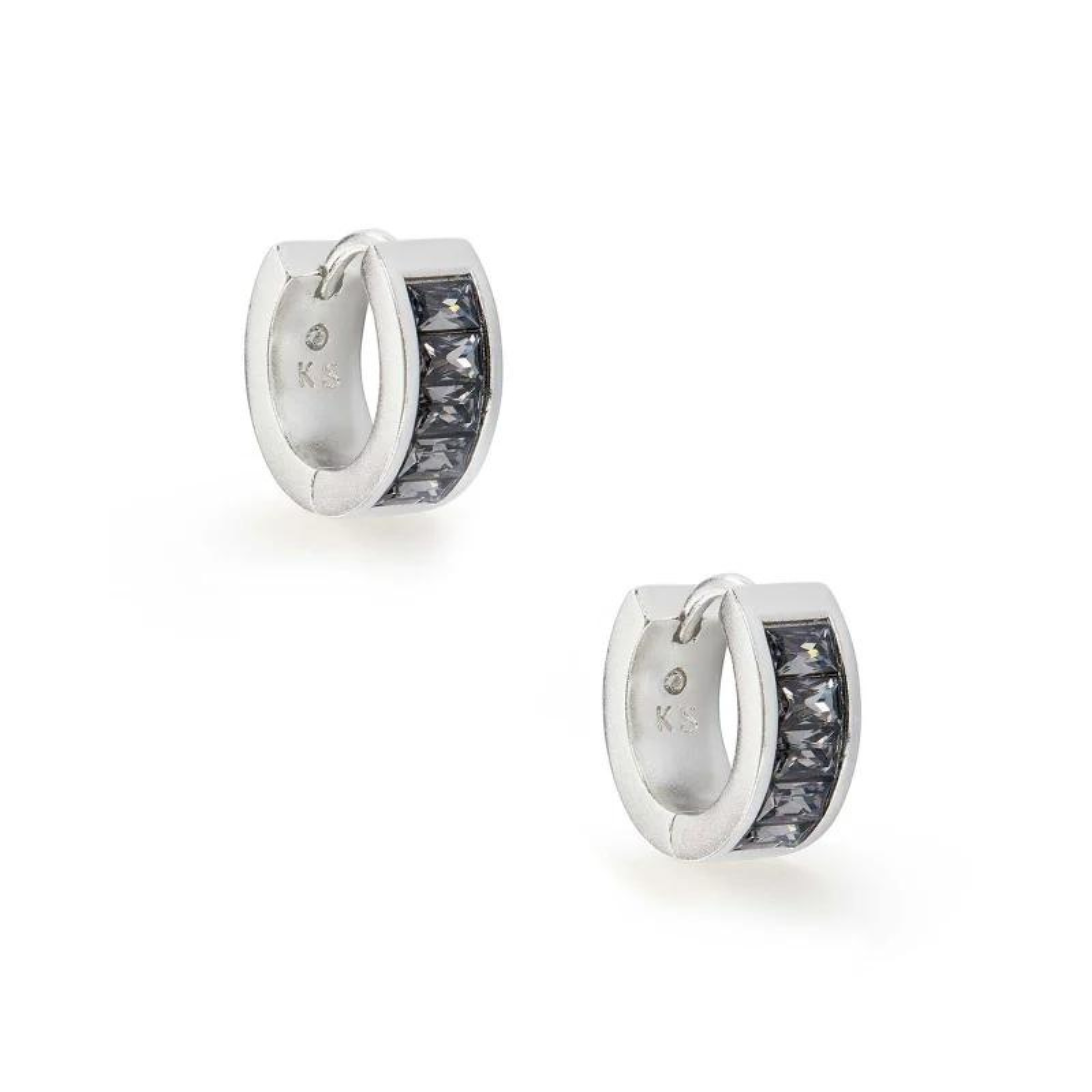 Silver huggie earrings with gray crystals, pictured on a white background.