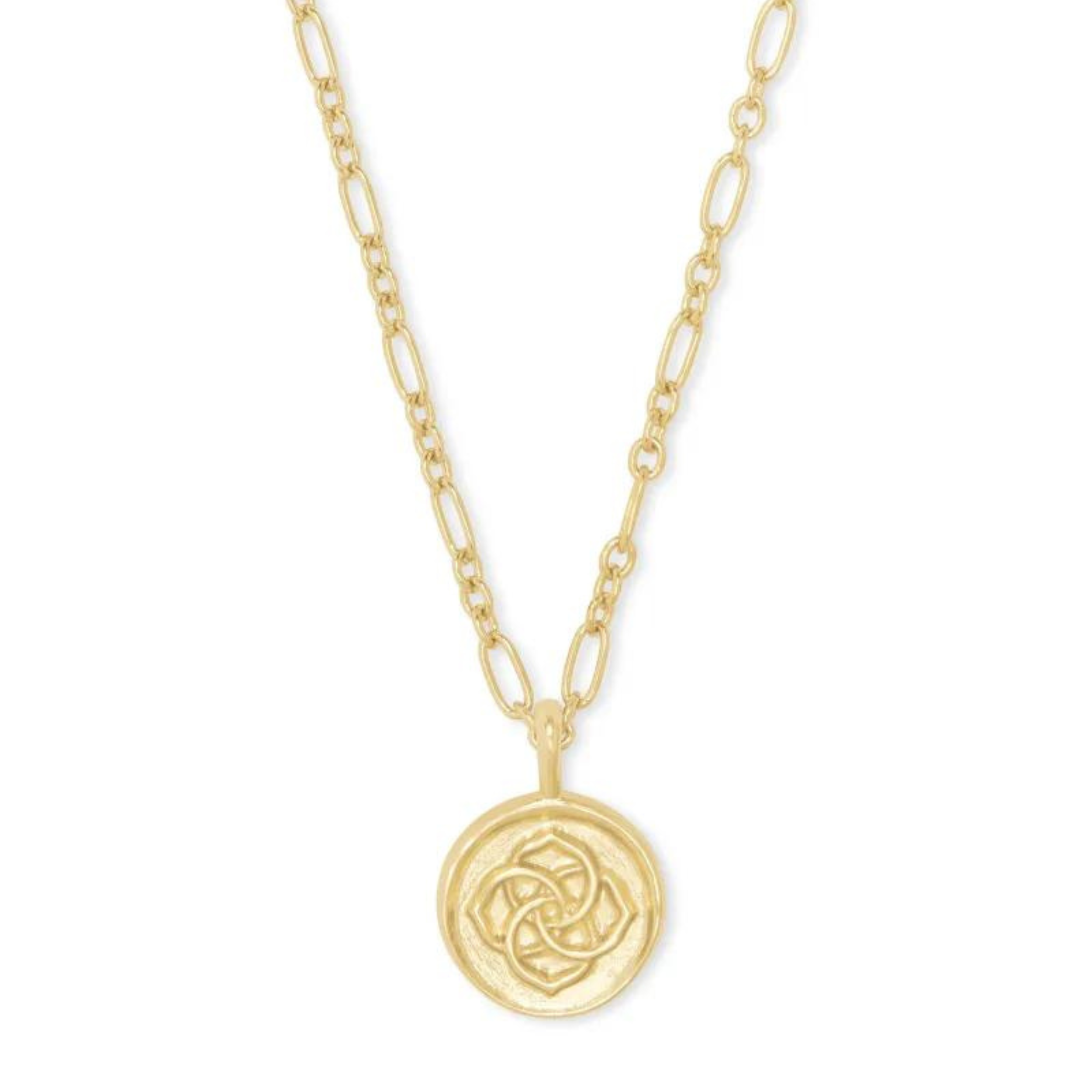 Gold necklace with gold coin pendant, pictured on a white background.