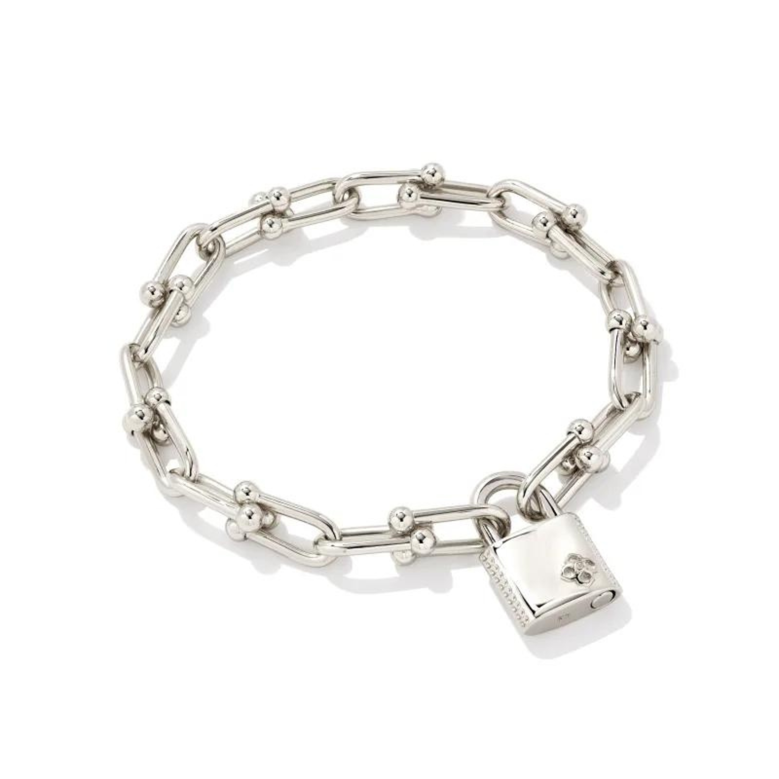 Silver chain link bracelet with lock pendant, pictured on a white background.