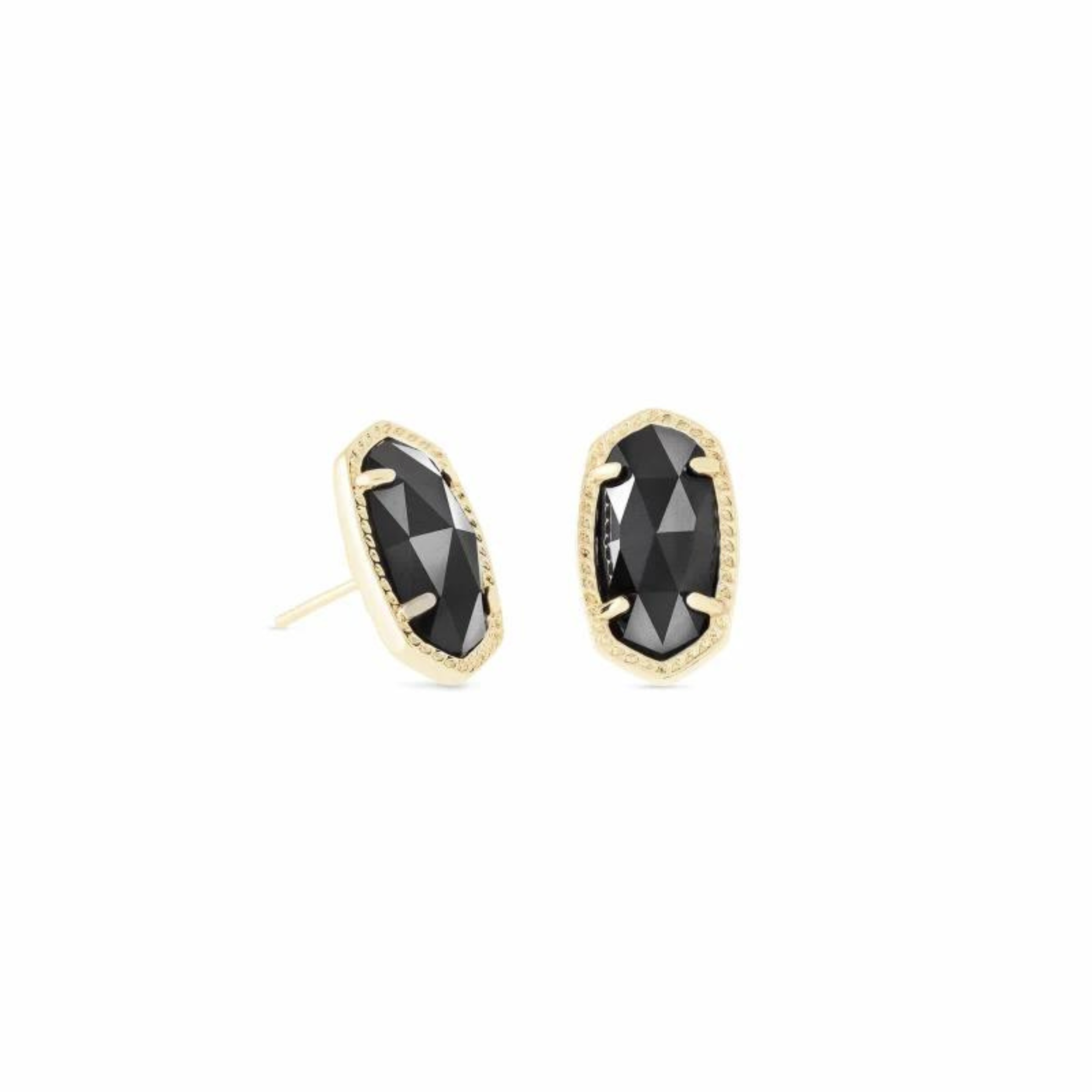 Gold stud earrings with black stones, pictured on a white background.