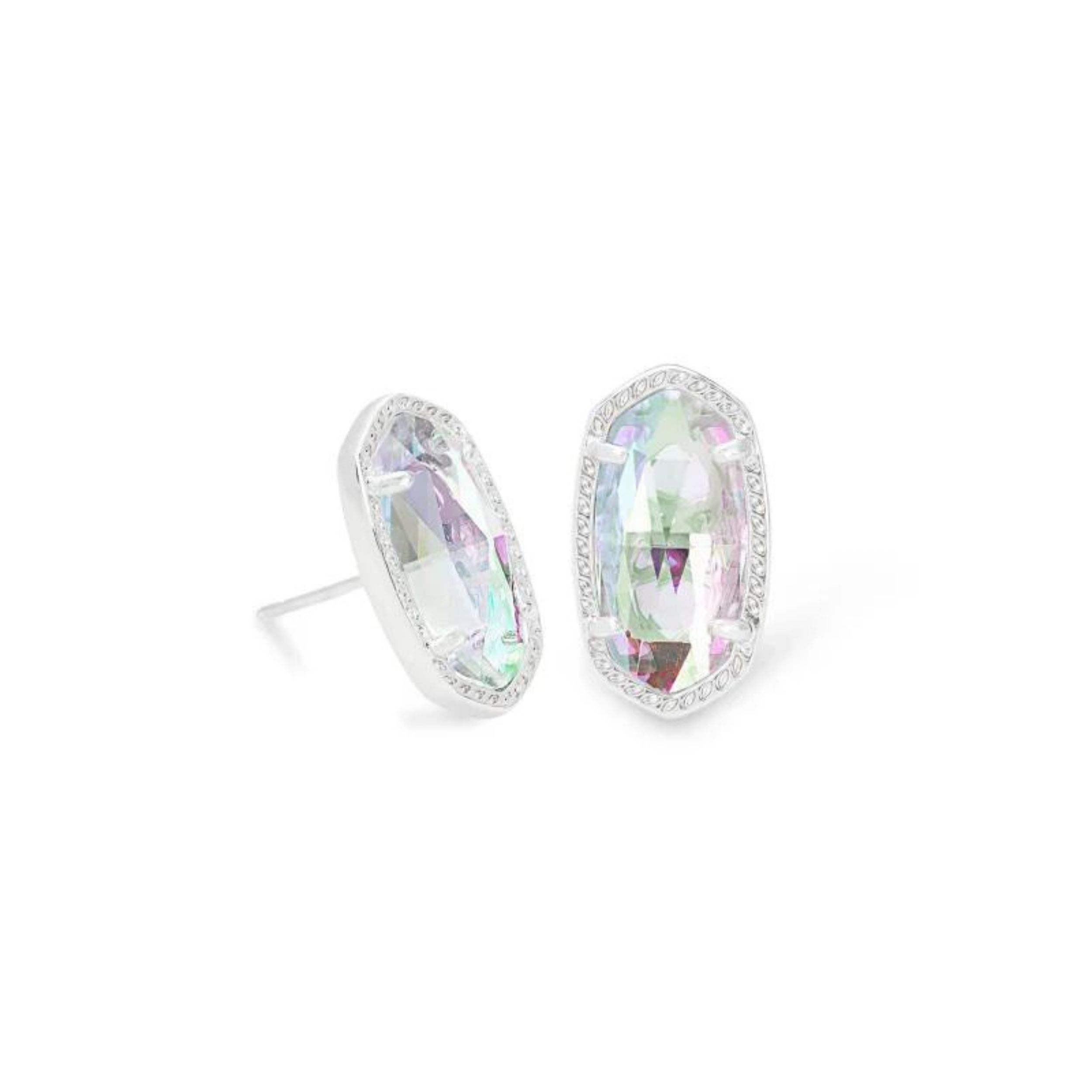 Silver stud earrings with dichroic glass stone, pictured on a white background.