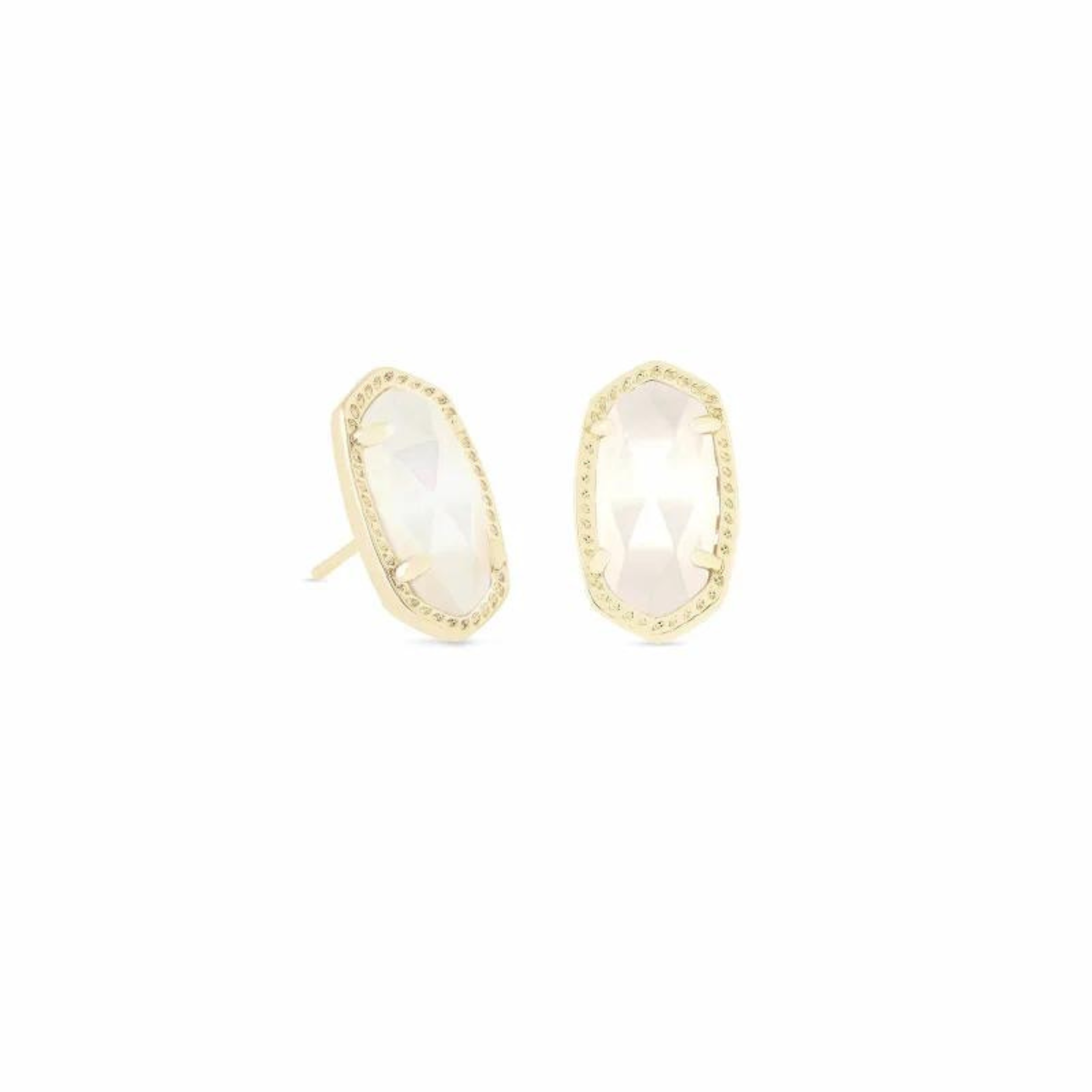 Gold stud earrings with mother of pearl stone, pictured on a white background.