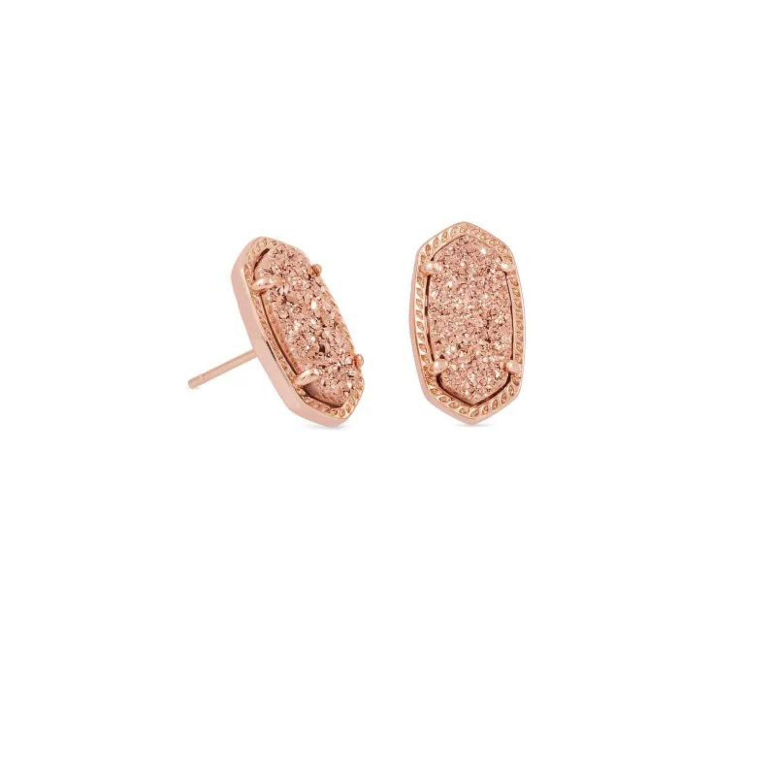 Rose gold stud earrings with rose gold drsuy stone, pictured on a white background.