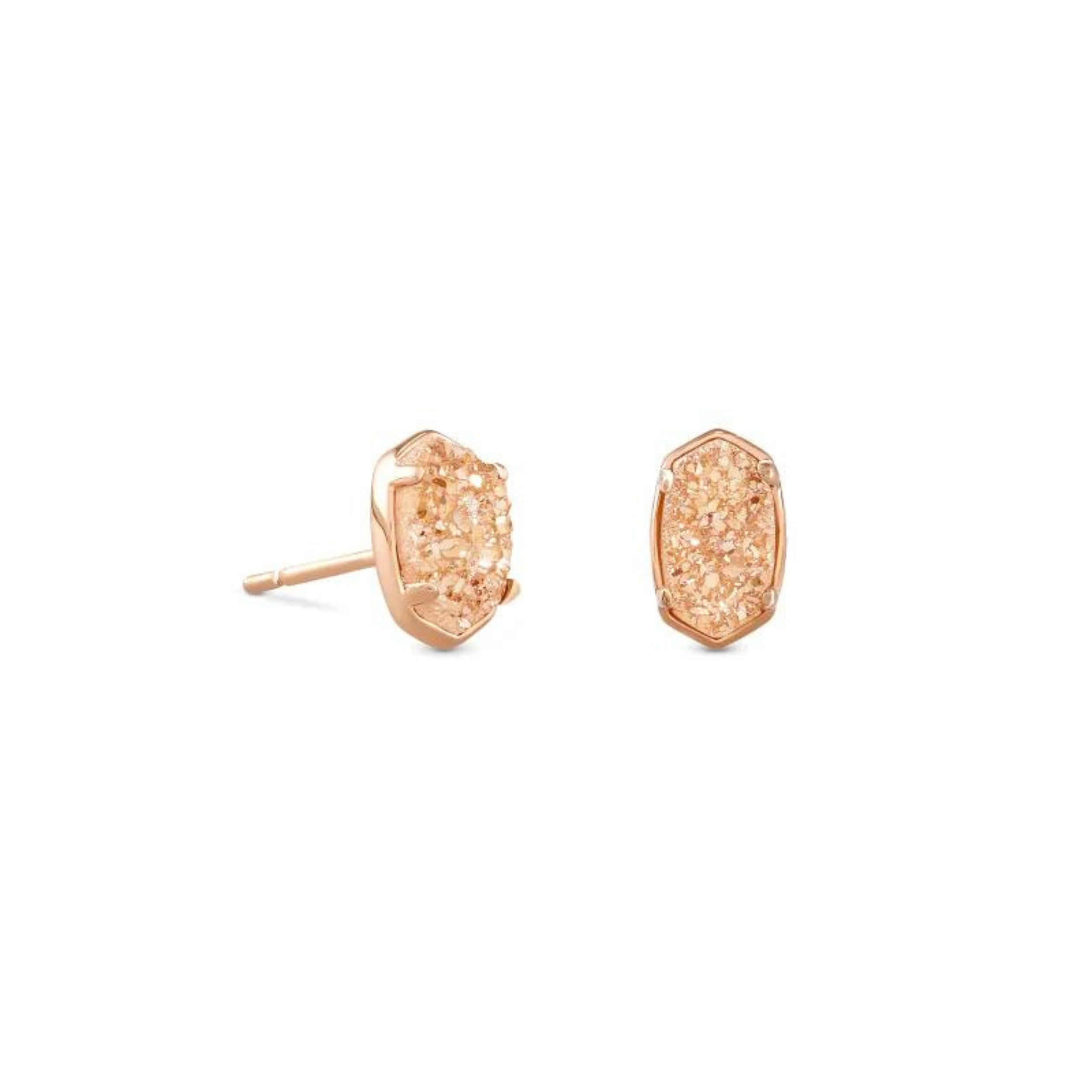 Rose gold earring with sand drusy stone, pictured on a white background.