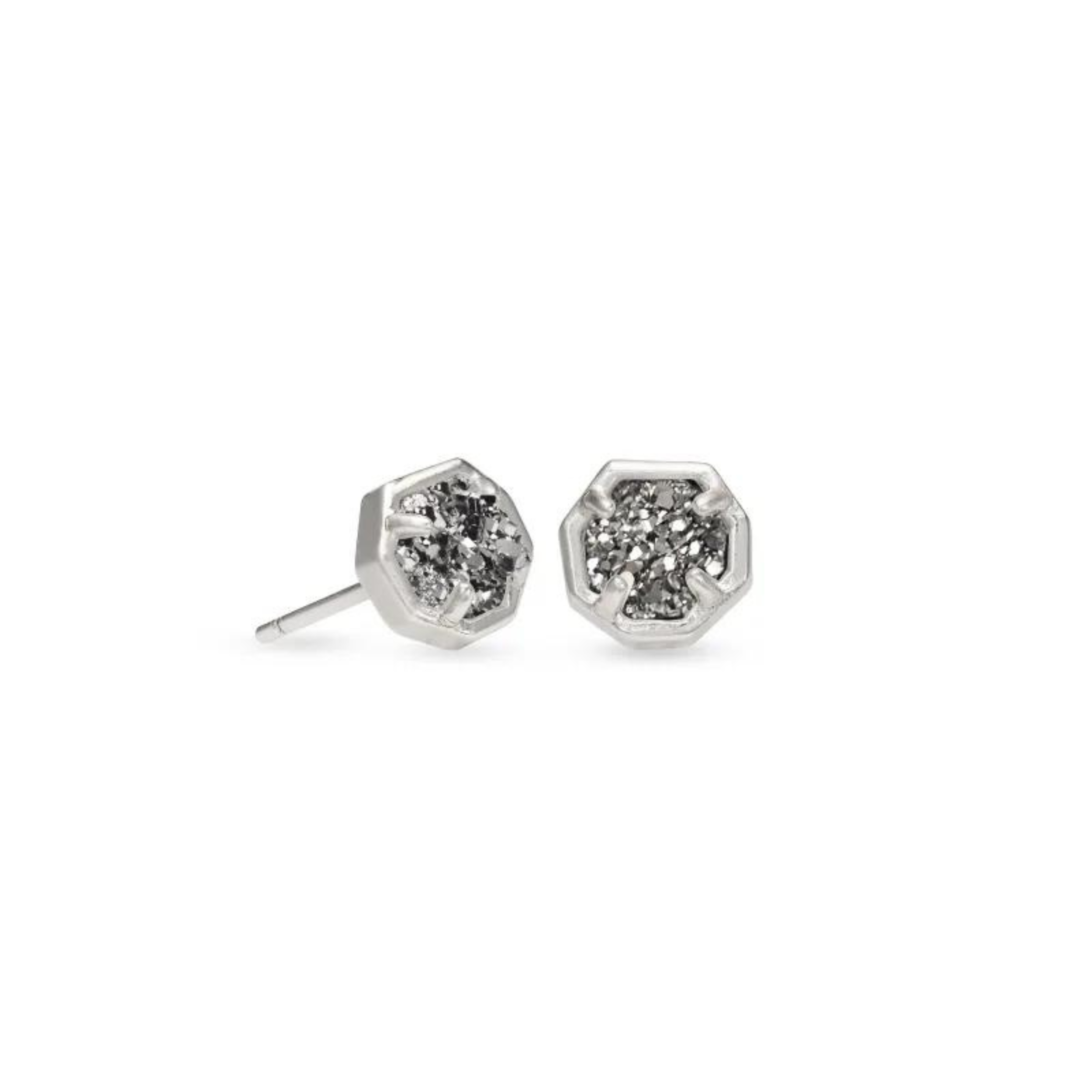 Silver stud earrings in a hexagon shape with platnium drusy stones, pictured on a white background.