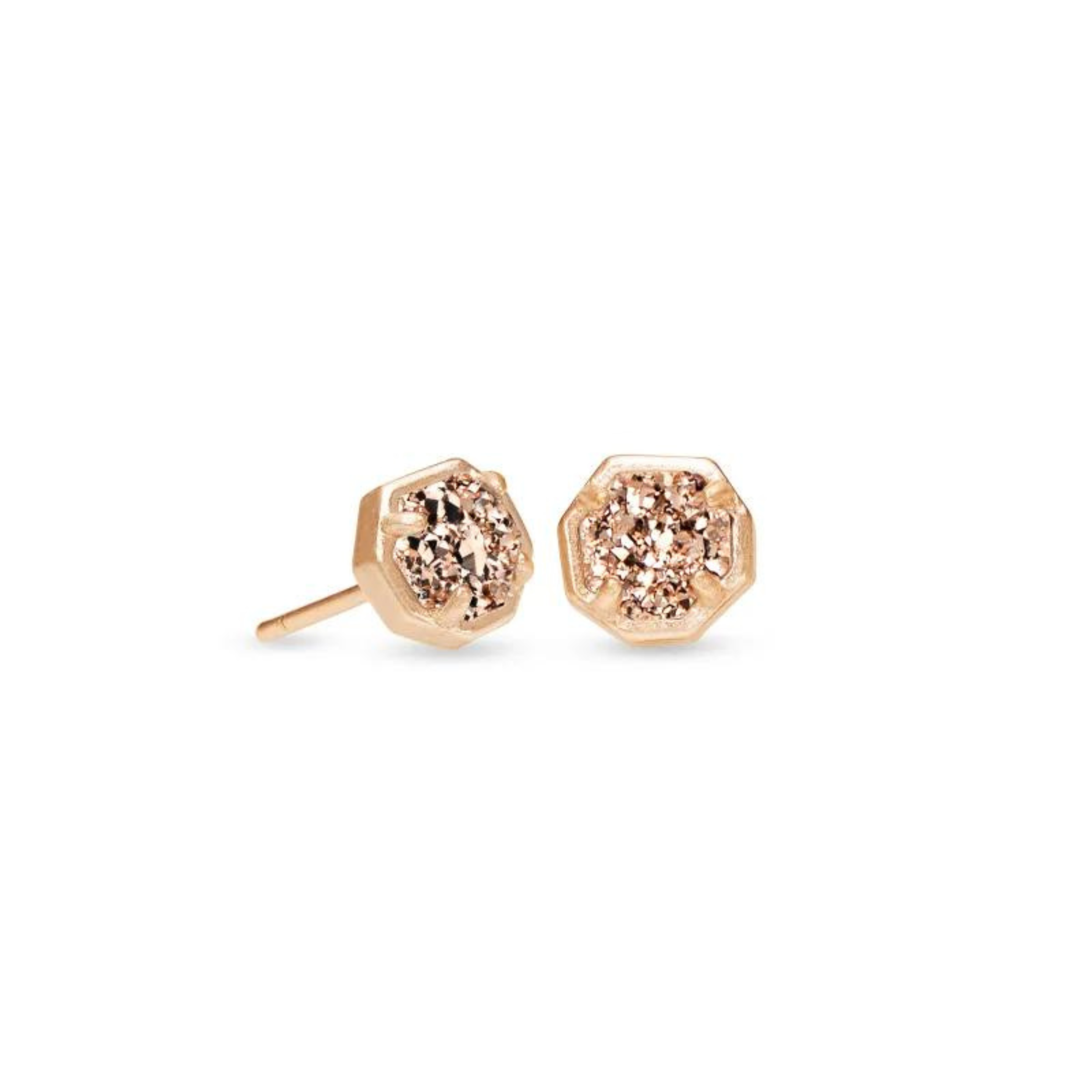 Rose gold hexagon shaped earrings with rose gold drusy stones, pictured on a white background.