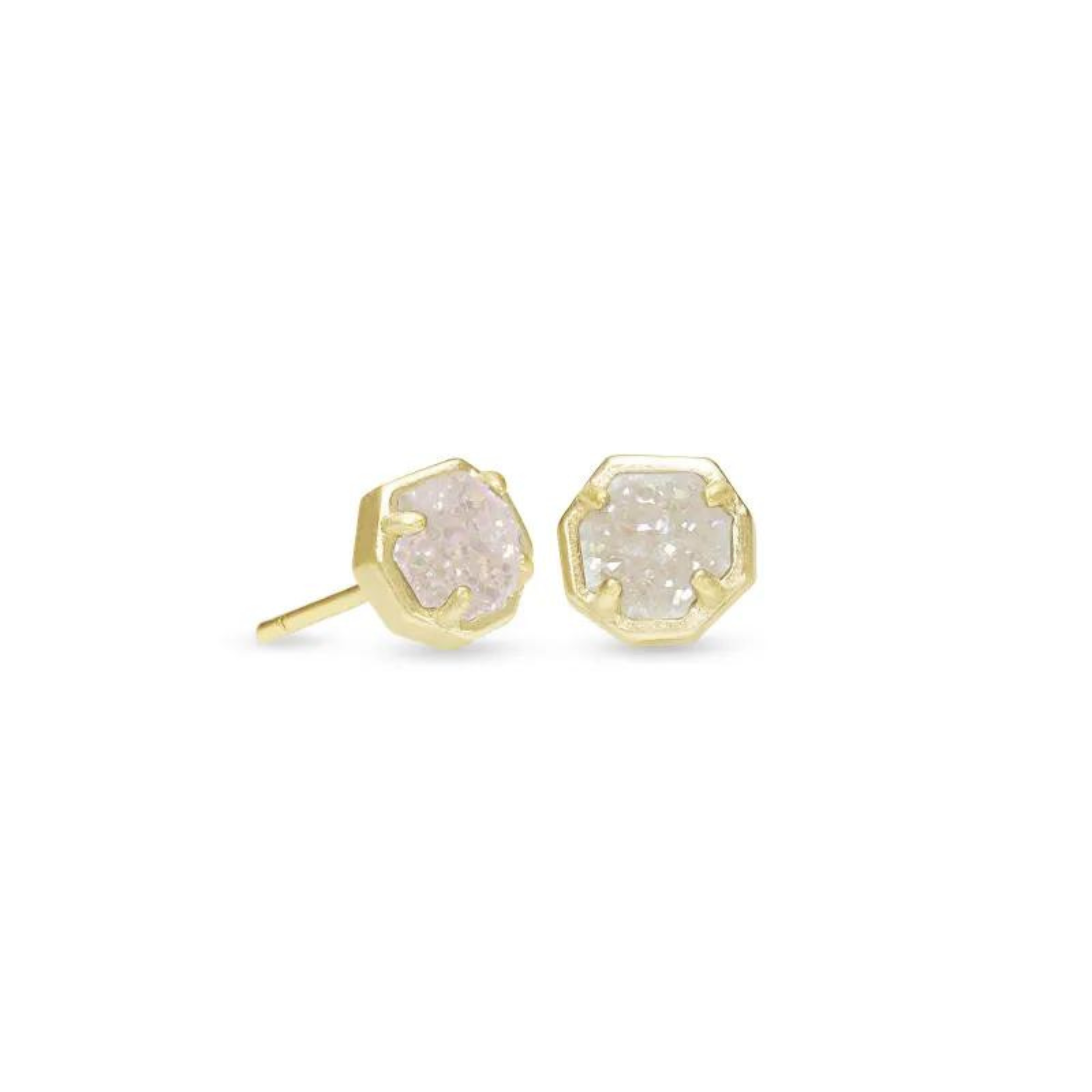 Gold stud earrings in a hexagon shape with iridesecnt drusy stones, pictured on a white background.