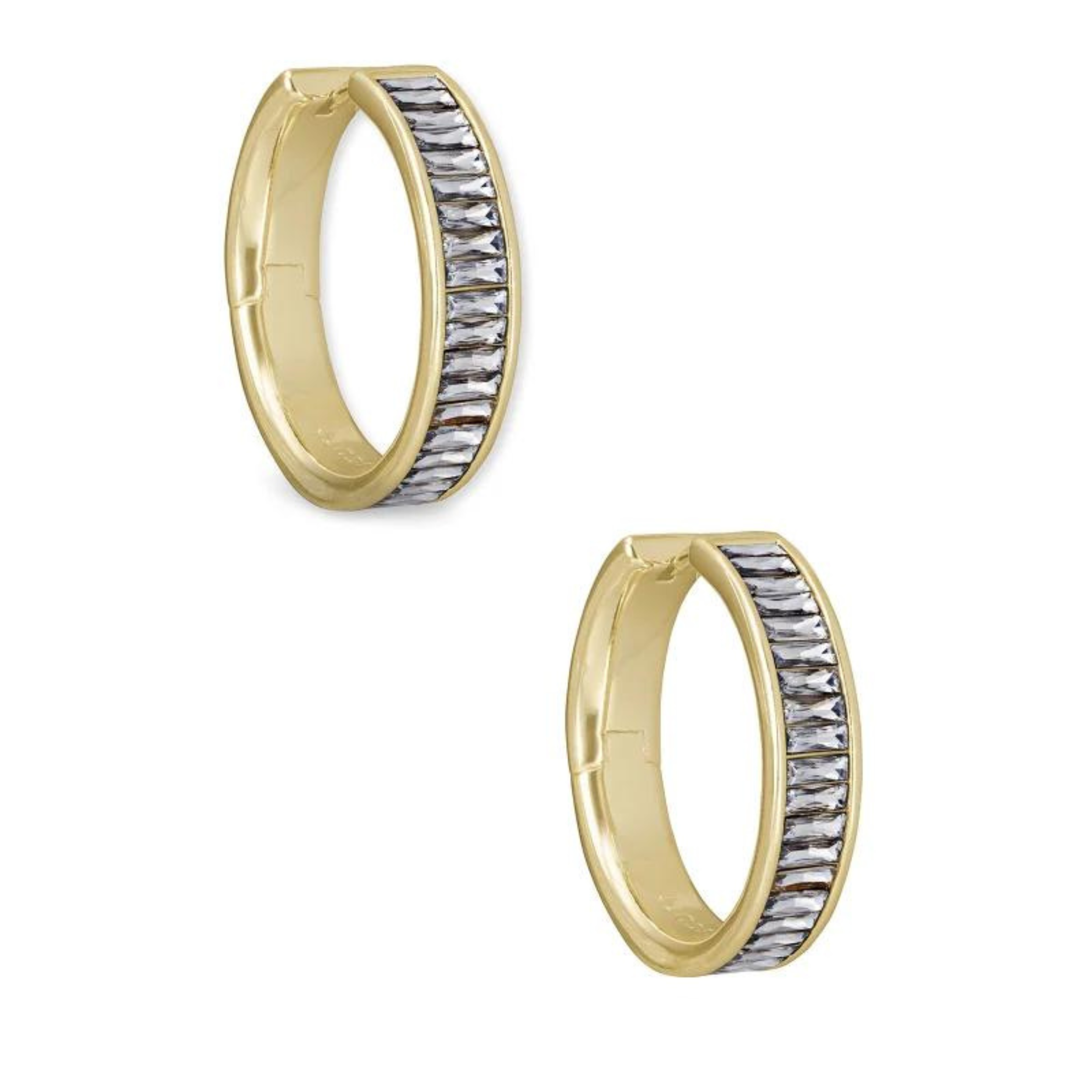 Gold hoop earrings with clear crystals, pictured on a white background.