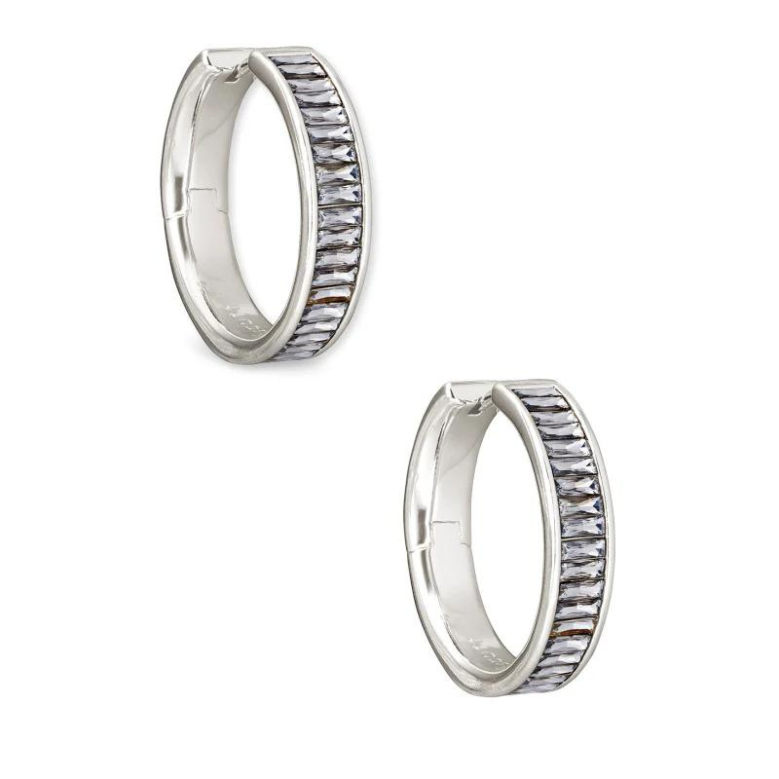 Silver hoop earrings with gray crystals, pictured on a white background.
