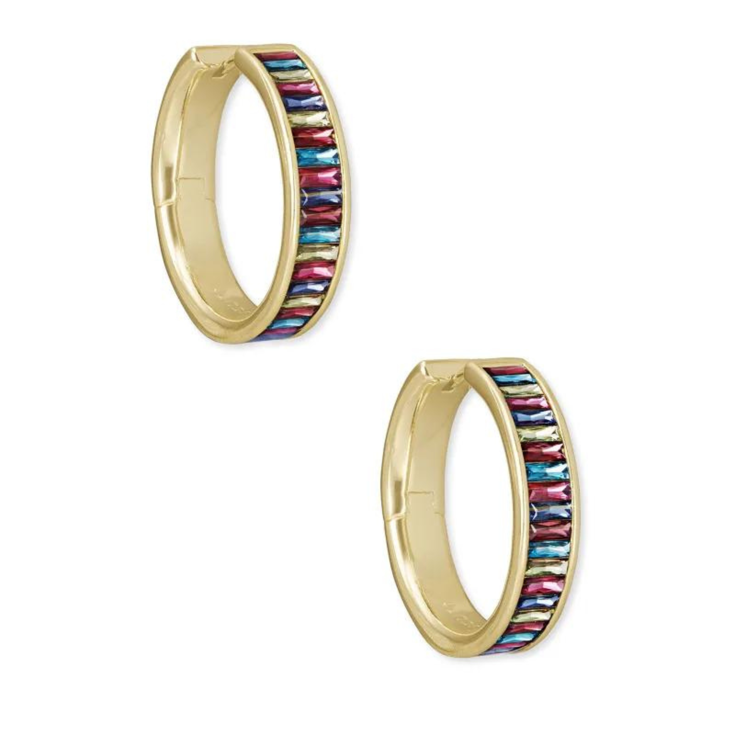 Gold hoop earrings with multi colored crystals, pictured on a white background.