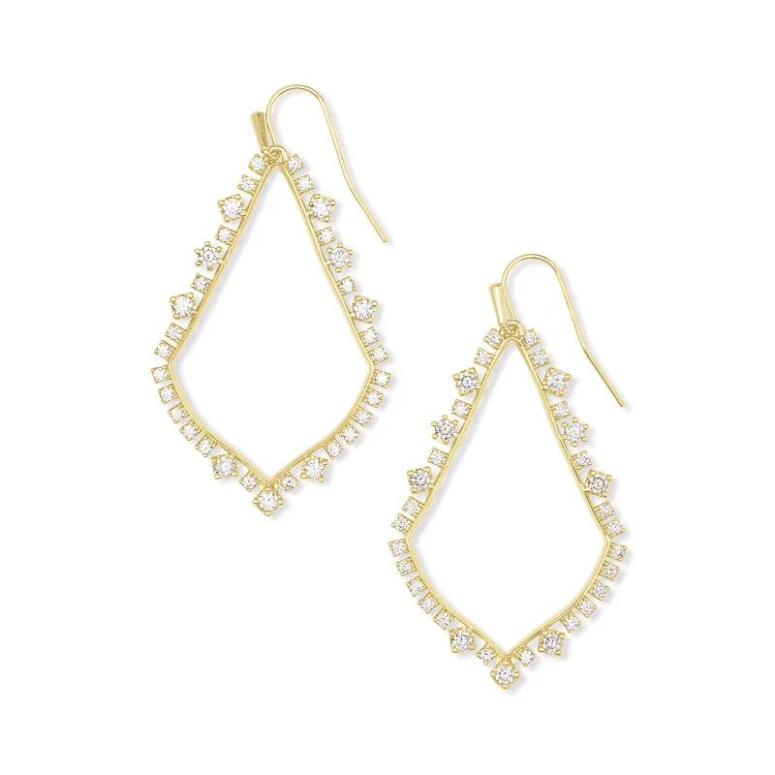 Gold crystal drop earrings, pictured on a white background.