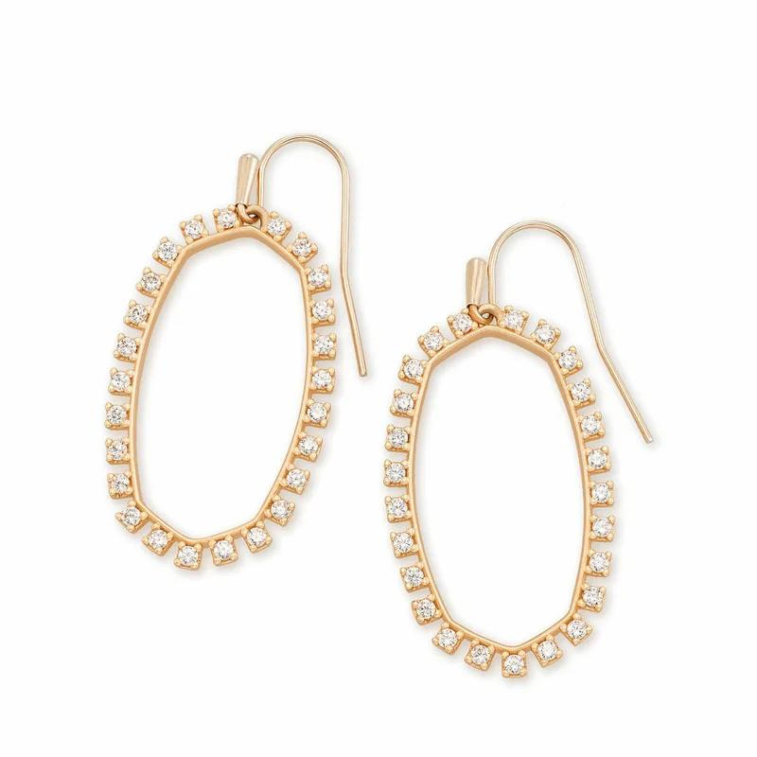 Rose gold dangle crystal earrings, pictured on a white background.