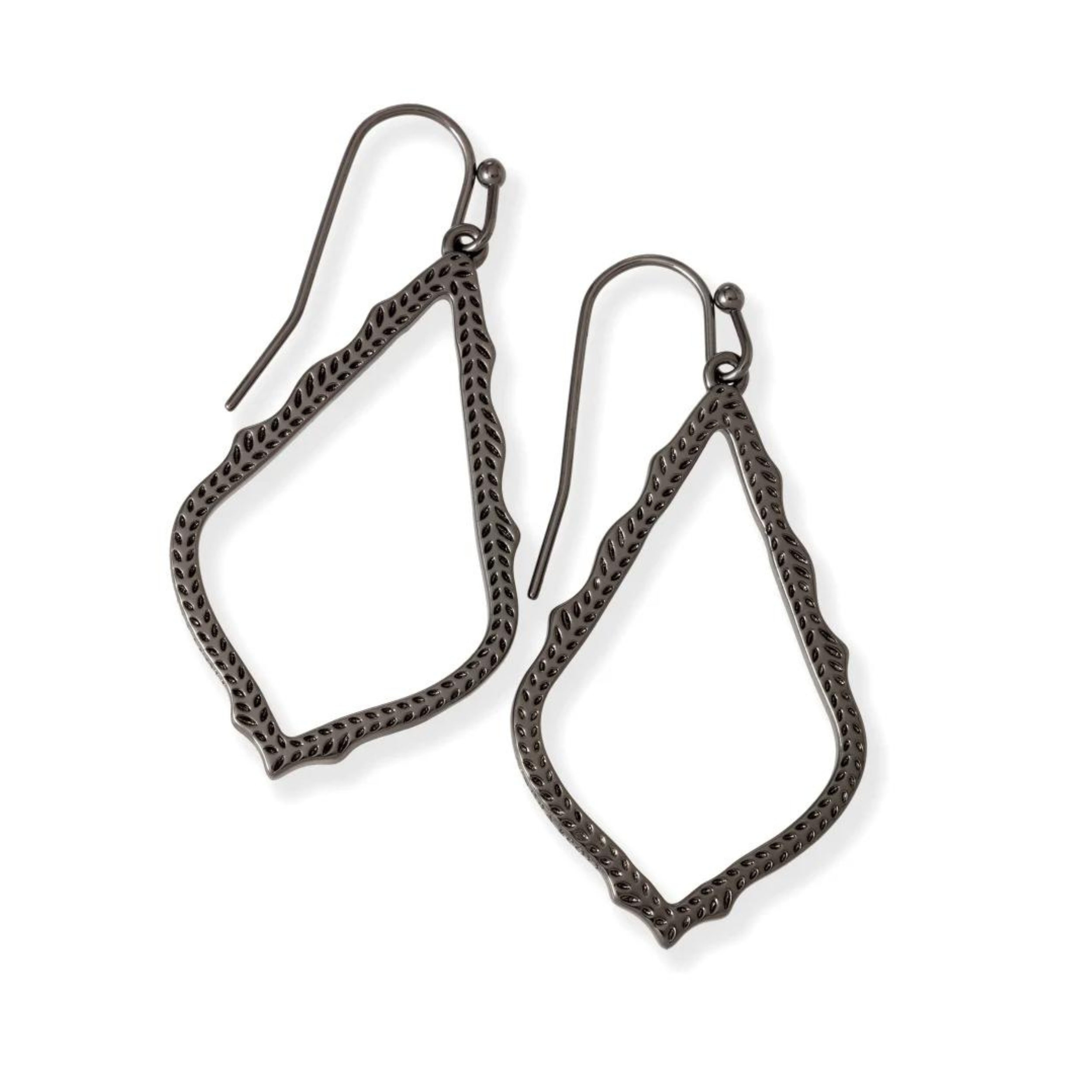 Gunmetal dangle earrings, pictured on a white background.